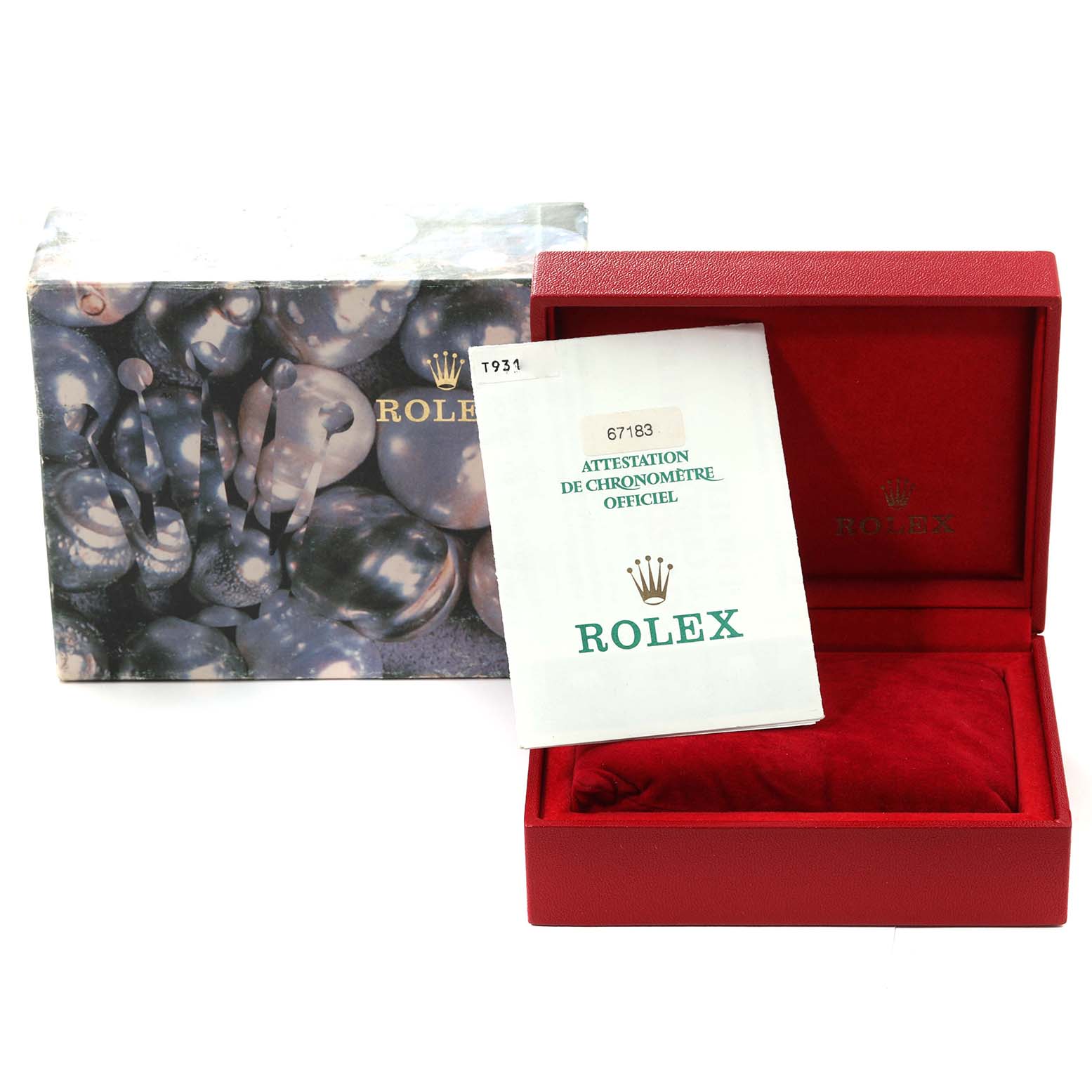 This image shows the packaging and official documentation for a Rolex Oyster Perpetual 67183 Women's Steel and Gold (two tone) Grey Dial 67183 Women's Steel and Gold (two tone) Grey Dial model, including the box and certificate.