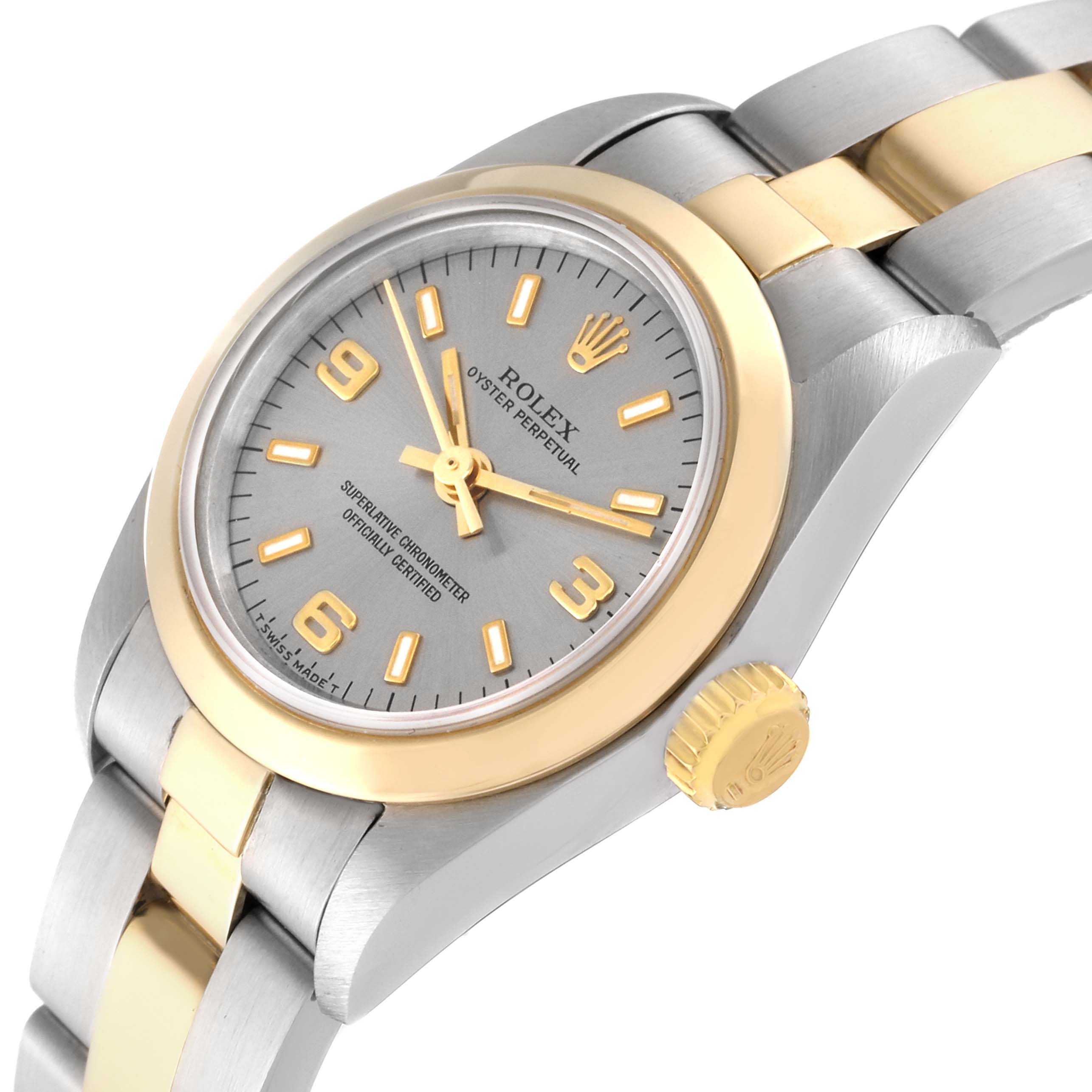 The Rolex Oyster Perpetual 67183 Women's Steel and Gold (two tone) Grey Dial 67183 Women's Steel and Gold (two tone) Grey Dial watch is shown from a side angle highlighting the watch face, bezel, crown, and part of the bracelet.