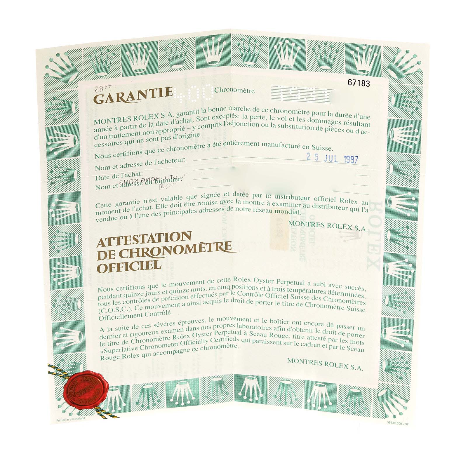 The image shows a warranty certificate for the Rolex Oyster Perpetual 67183 Women's Steel and Gold (two tone) Grey Dial 67183 Women's Steel and Gold (two tone) Grey Dial model, featuring text and a red seal.