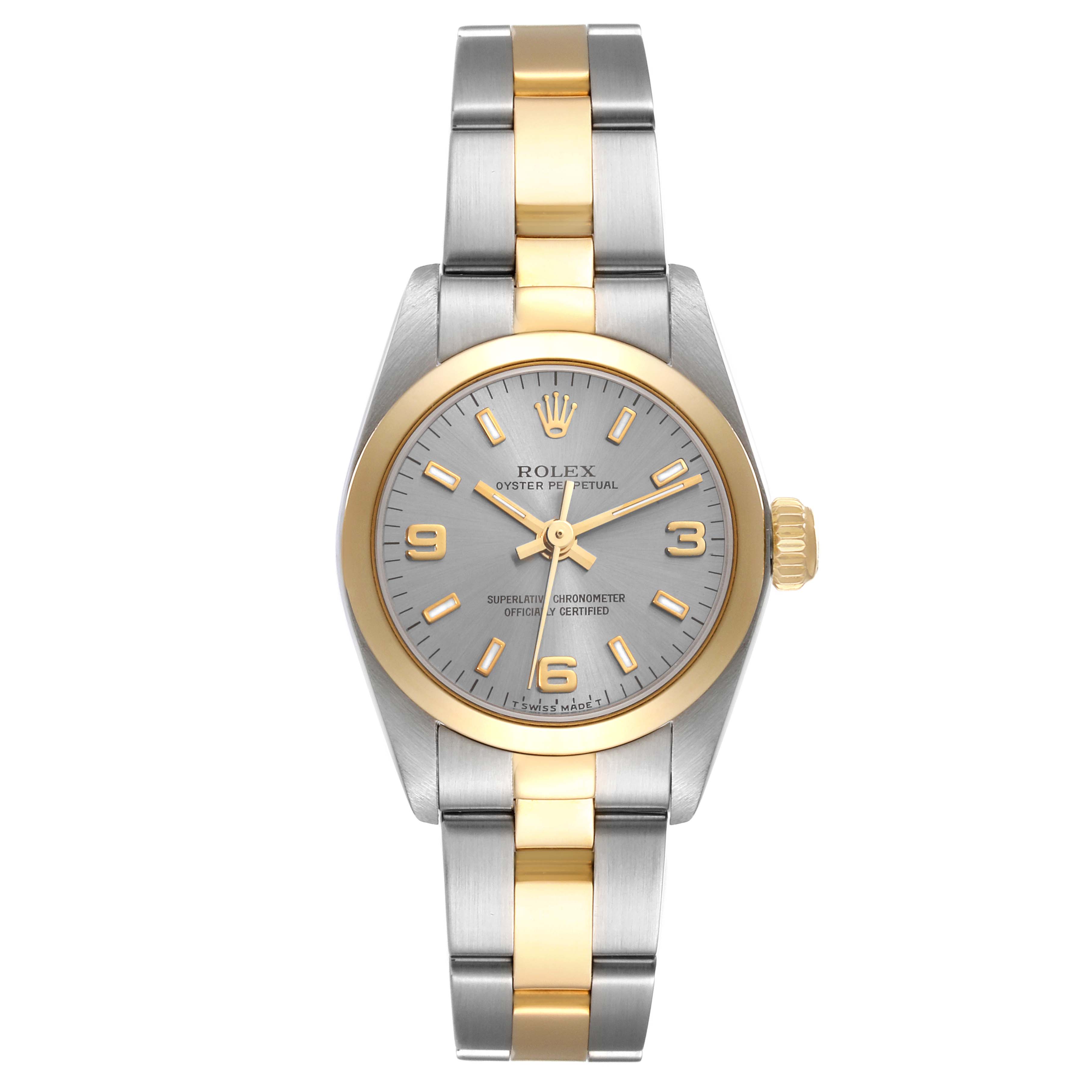 This image shows a front view of the Rolex Oyster Perpetual 67183 Women's Steel and Gold (two tone) Grey Dial 67183 Women's Steel and Gold (two tone) Grey Dial watch, highlighting its dial, bezel, and two-tone bracelet.