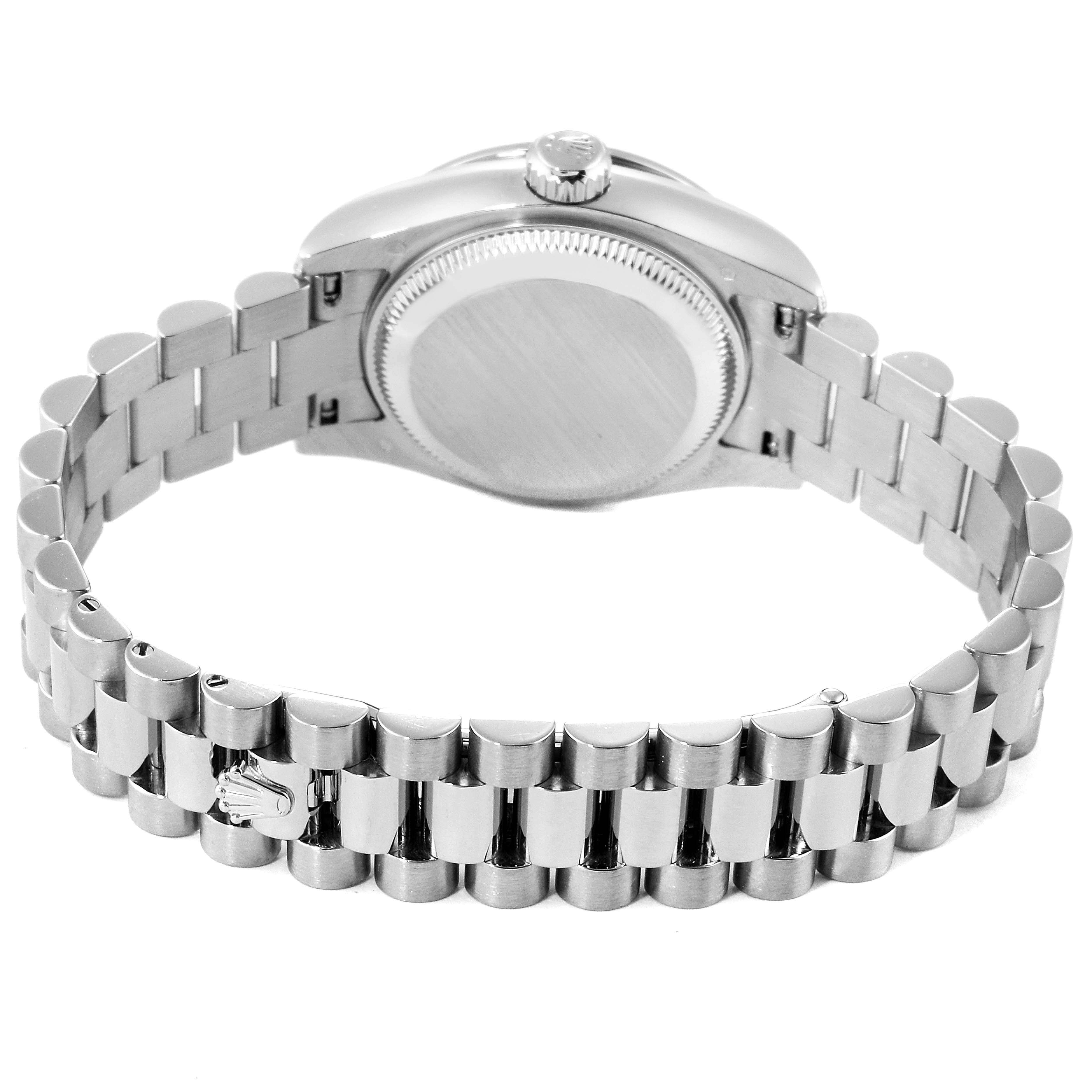 The image shows the back and bracelet of a Rolex President 179159 Women's White Gold Mother of Pearl Dial 179159 Women's White Gold Mother of Pearl Dial model watch from a rear angle.