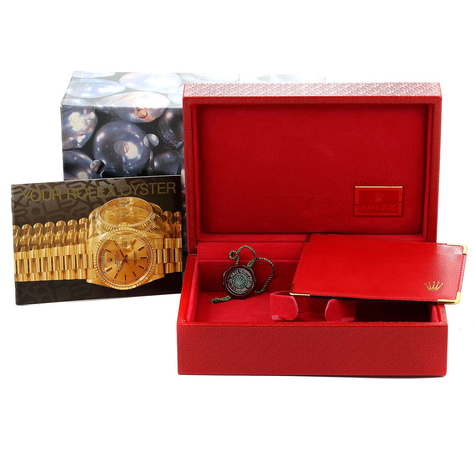 The image shows a red Rolex watch box with papers, a hang tag, and a booklet for a Rolex President 179159 Women's White Gold Mother of Pearl Dial 179159 Women's White Gold Mother of Pearl Dial model watch.
