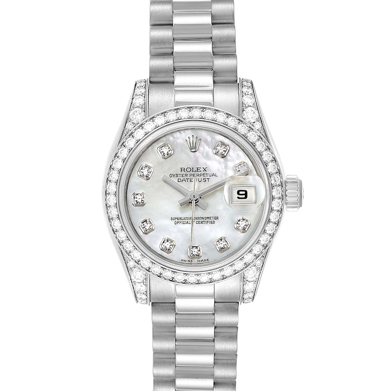 Rolex President Datejust Ladies White Gold MOP Diamond Lugs Watch 179159 SwissWatchExpo