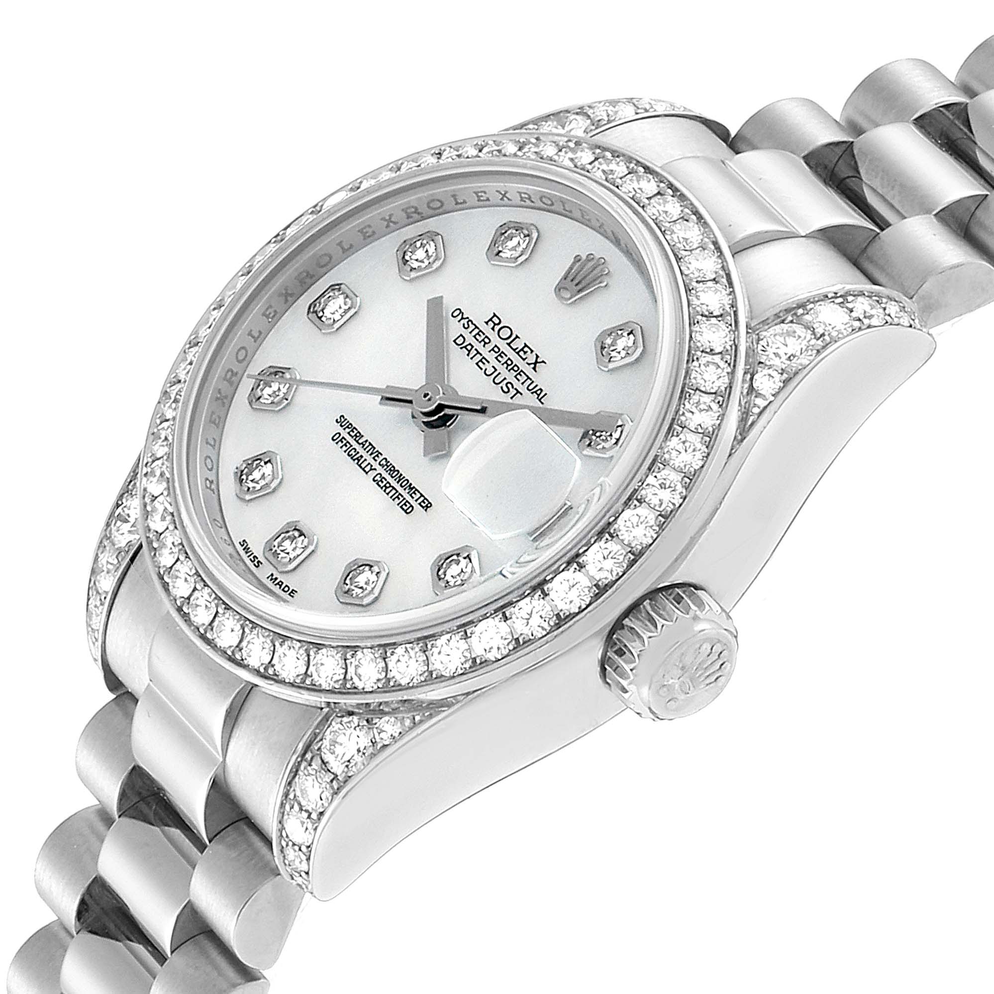 The image shows a close-up angled view of the Rolex President 179159 Women's White Gold Mother of Pearl Dial 179159 Women's White Gold Mother of Pearl Dial model, highlighting its face, bezel, crown, and part of the bracelet.