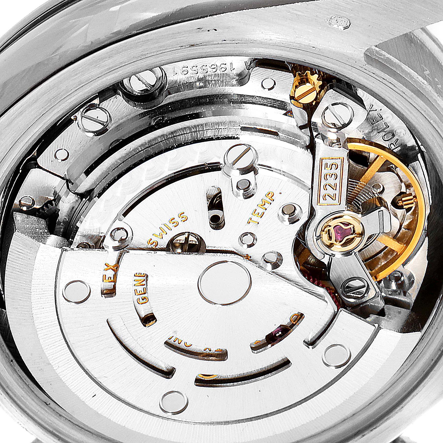 The image shows a detailed close-up of the movement mechanism of a Rolex President 179159 Women's White Gold Mother of Pearl Dial 179159 Women's White Gold Mother of Pearl Dial model watch.