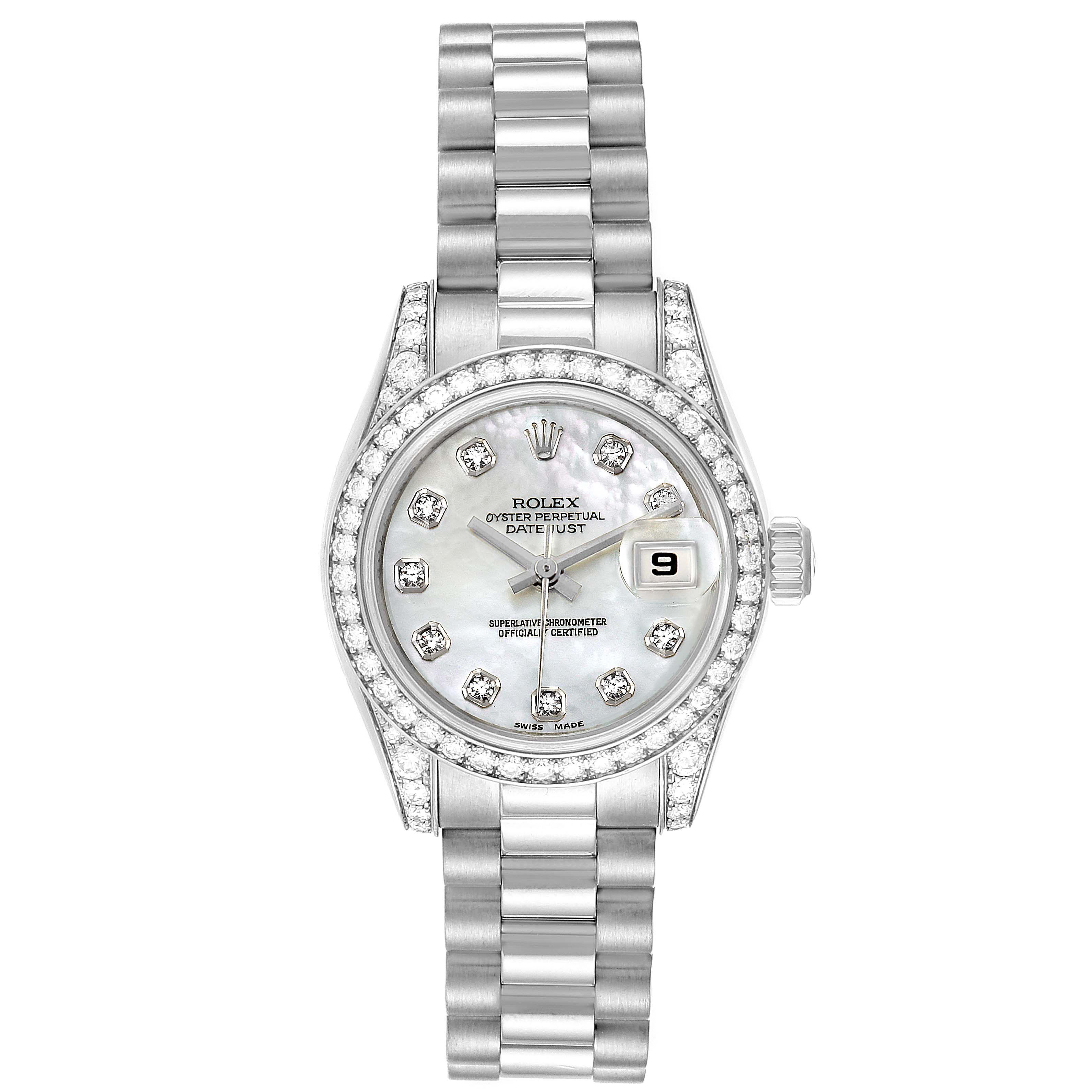 The image shows a front view of the Rolex President 179159 Women's White Gold Mother of Pearl Dial 179159 Women's White Gold Mother of Pearl Dial model watch, displaying the dial, bezel, and bracelet.
