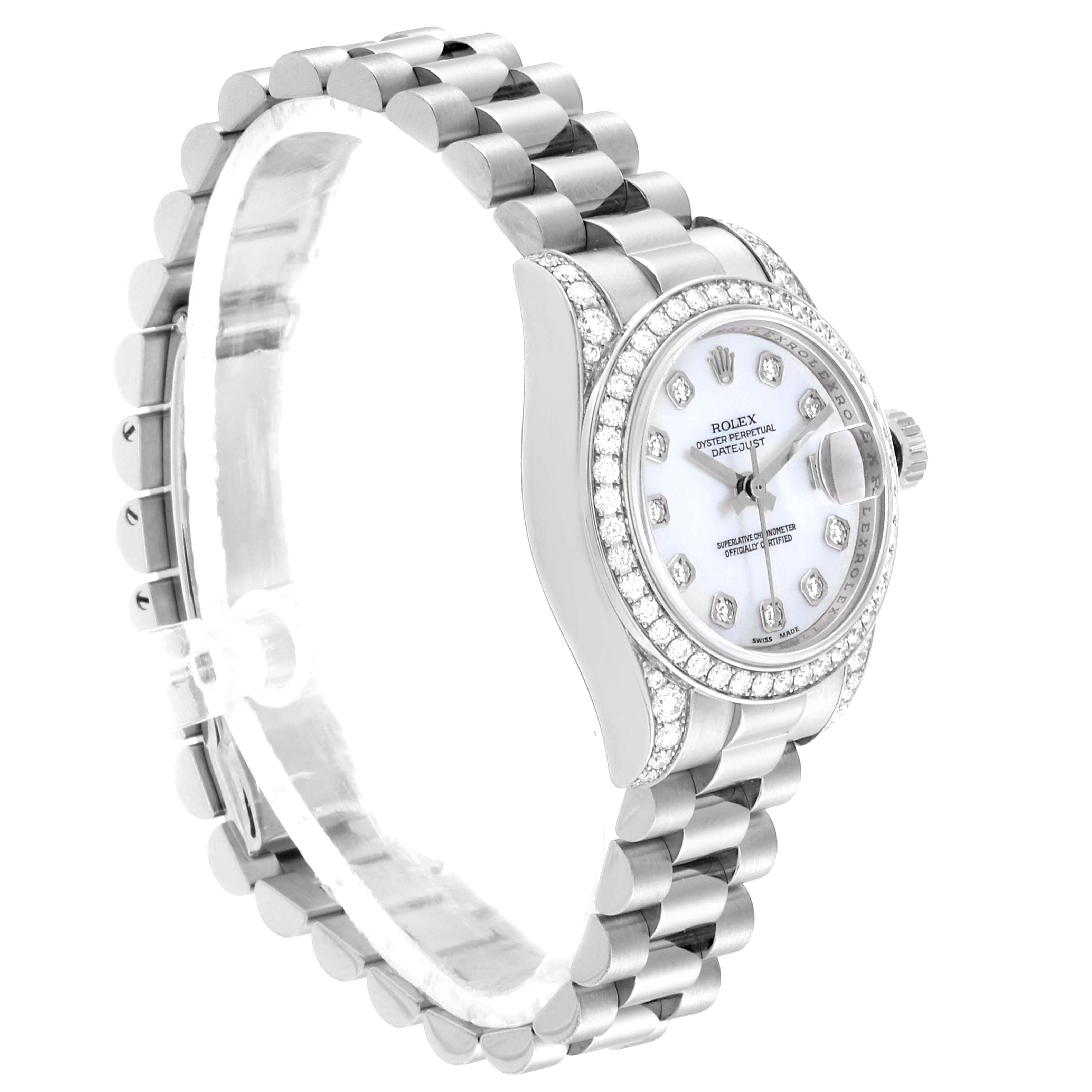 The Rolex President 179159 Women's White Gold Mother of Pearl Dial 179159 Women's White Gold Mother of Pearl Dial model watch is shown at a slight angle, highlighting the band, dial, bezel, and crown.