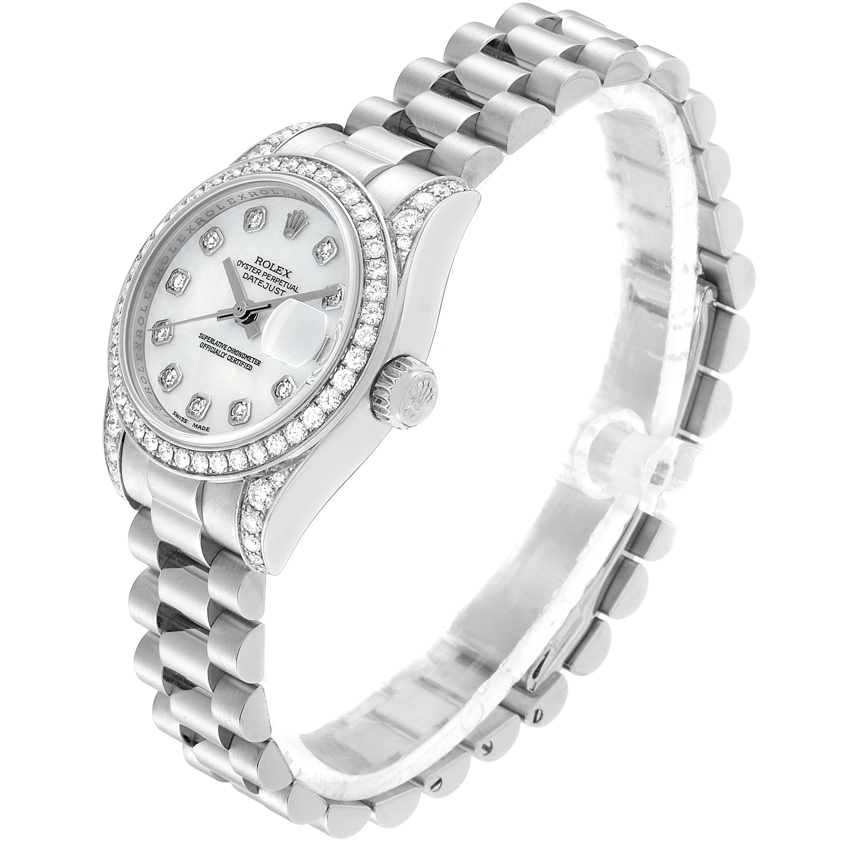 The Rolex President 179159 Women's White Gold Mother of Pearl Dial 179159 Women's White Gold Mother of Pearl Dial model watch is shown at a three-quarter angle displaying the face, bezel, crown, and part of the bracelet.