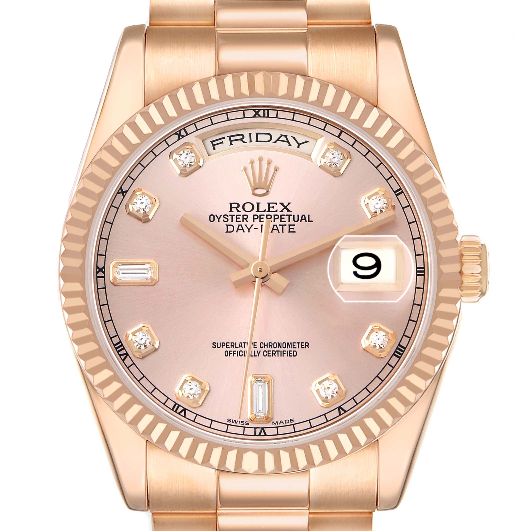 The Rolex President 118235 Men's Rose Gold Pink Dial model is shown from the front, displaying its face, bezel, bracelet, and crown.