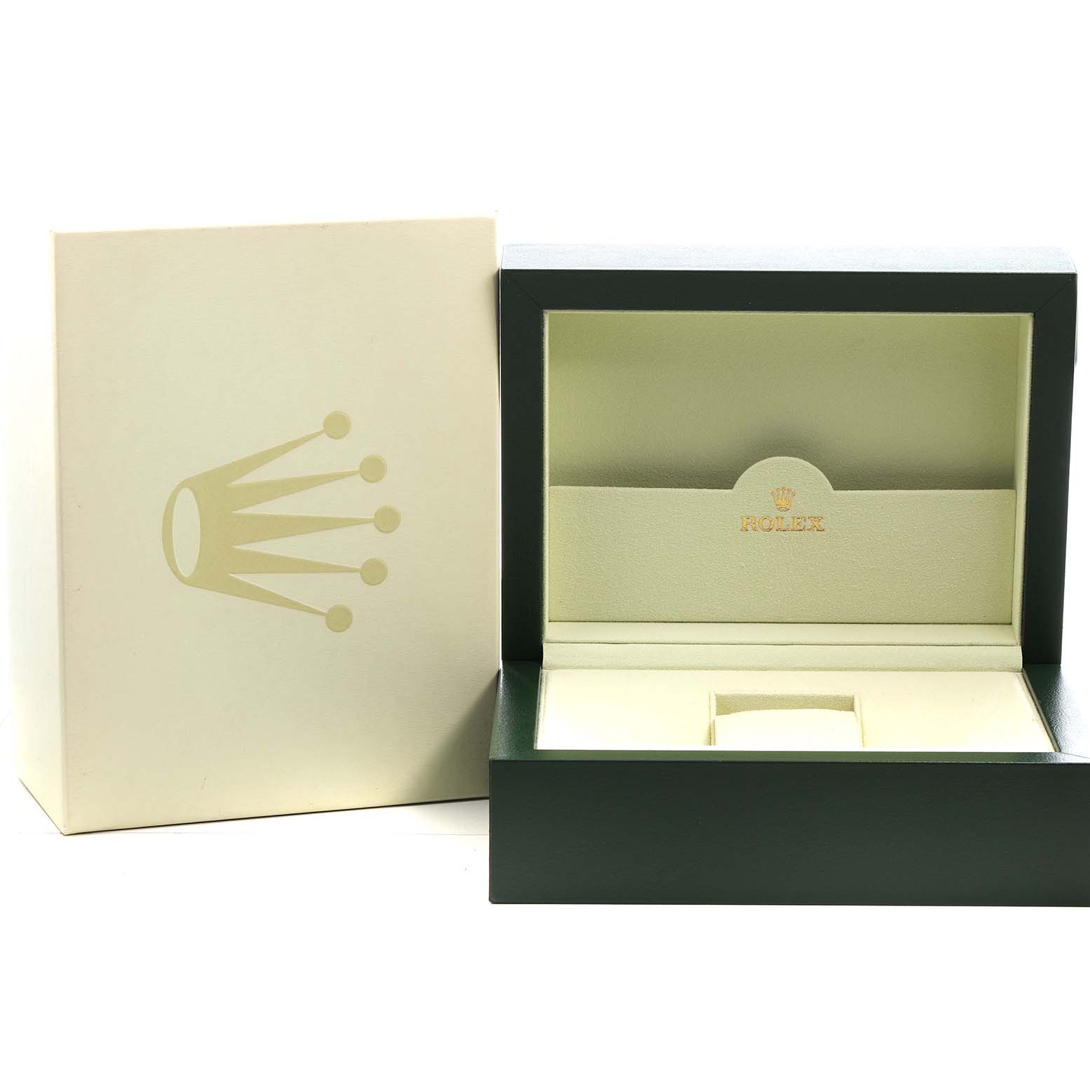 The image shows the box and packaging for the Rolex President 118235 Men's Rose Gold Pink Dial model, but the watch itself is not visible.