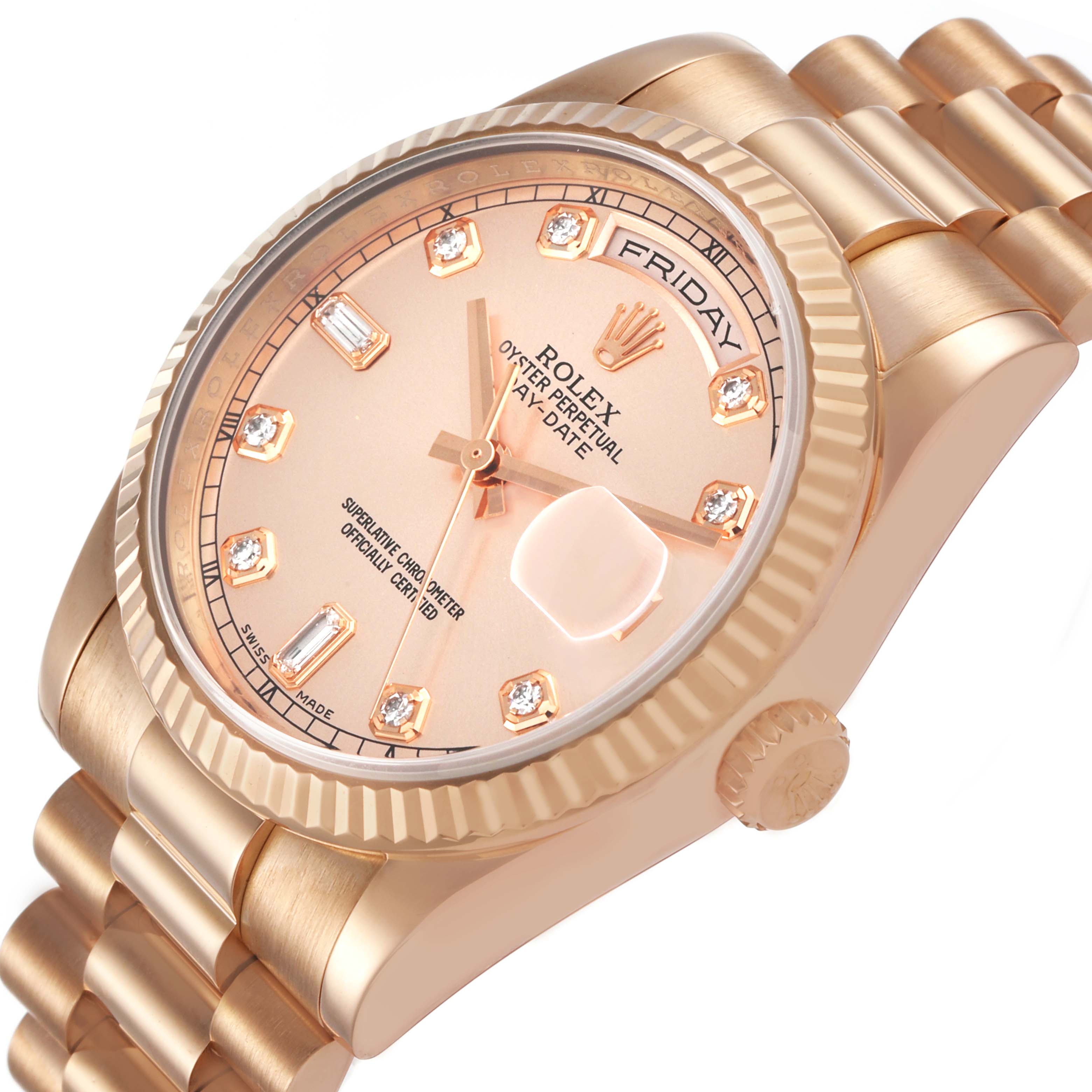 The Rolex President 118235 Men's Rose Gold Pink Dial watch is shown at an angle highlighting the face, crown, bezel, and partially the bracelet.