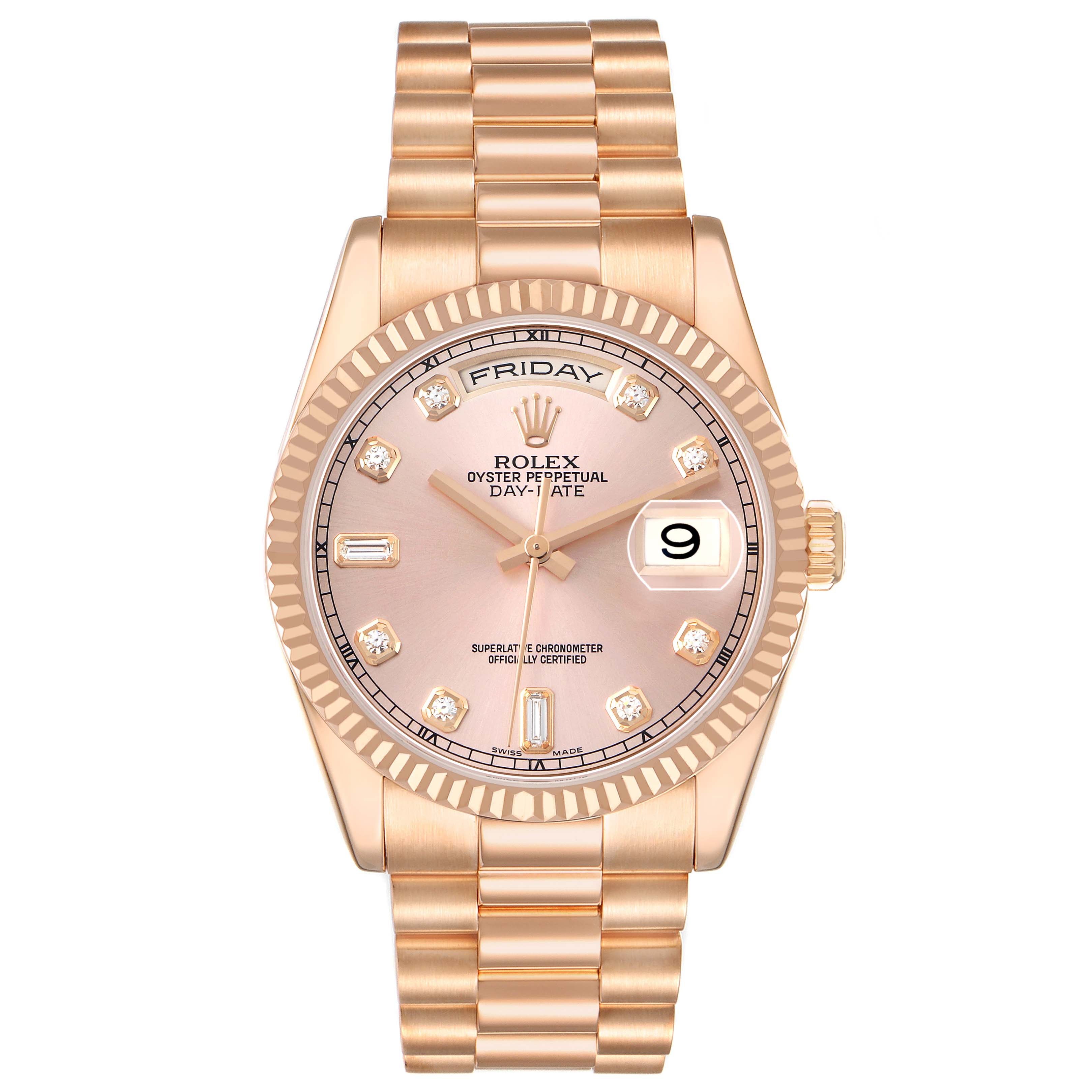 This image shows a frontal view of a Rolex President 118235 Men's Rose Gold Pink Dial model watch, highlighting the dial, bezel, bracelet, and crown.