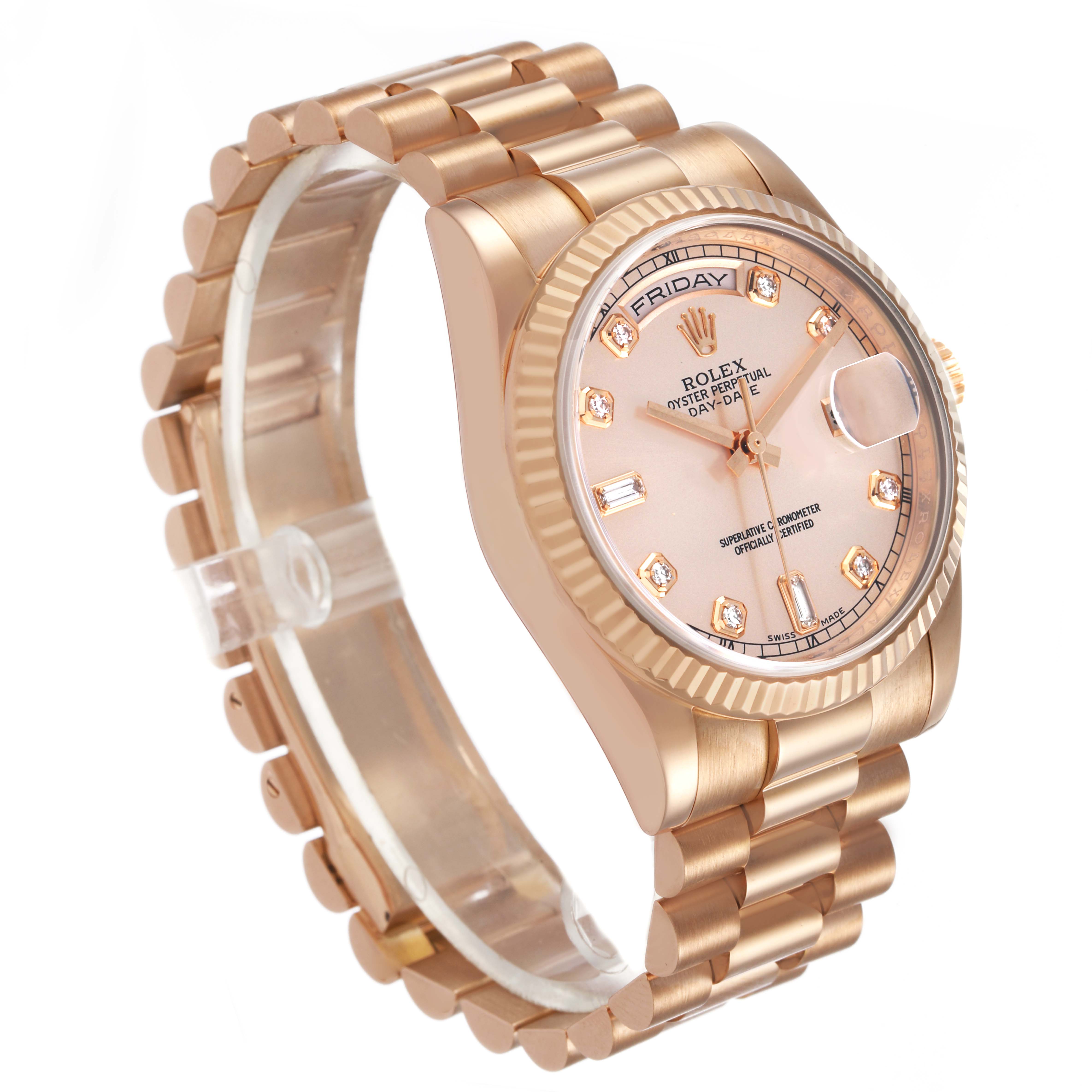 The Rolex President 118235 Men's Rose Gold Pink Dial Day-Date watch is shown at a three-quarter angle, highlighting the dial, case, bezel, and bracelet.