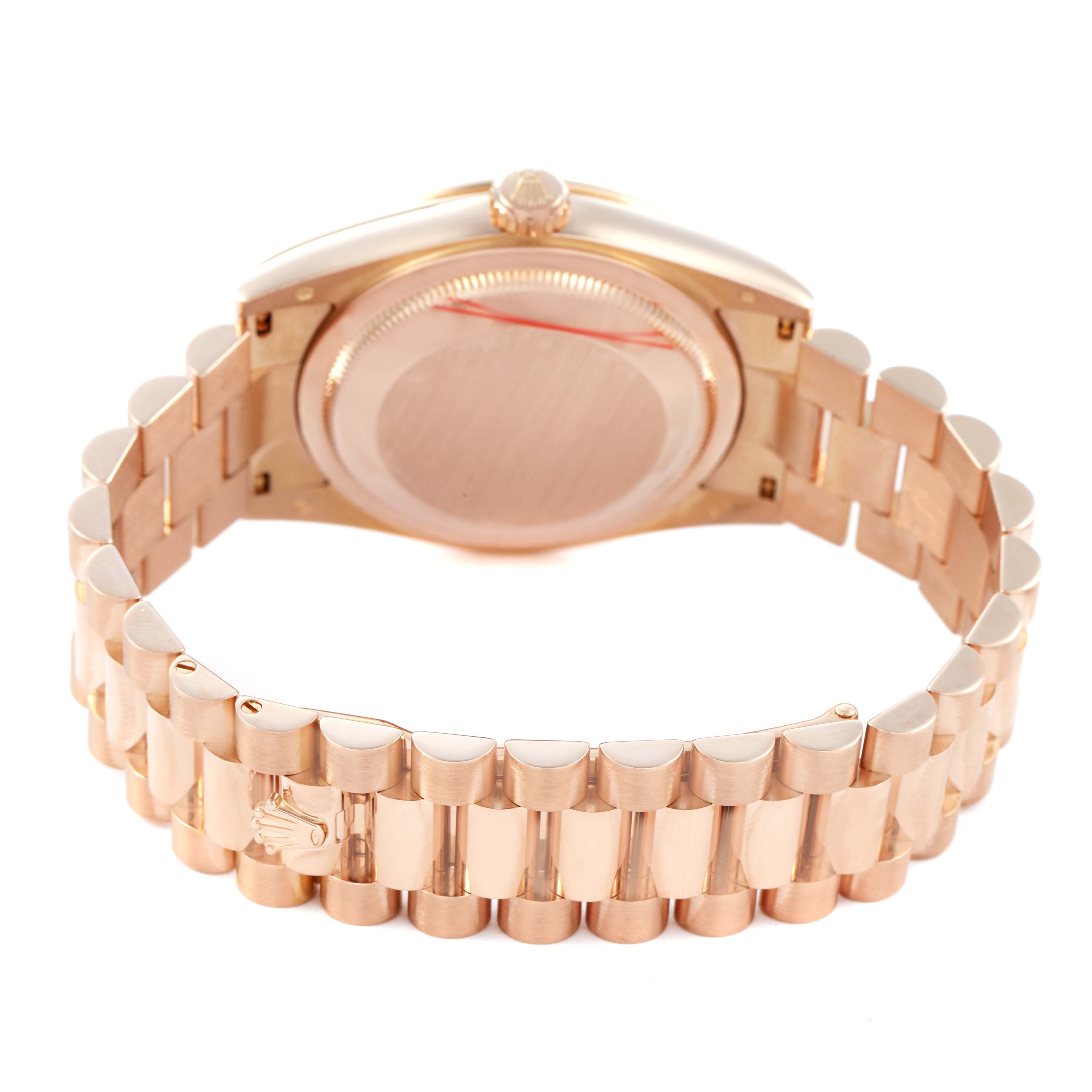 The image shows the back case and bracelet of the Rolex President 118235 Men's Rose Gold Pink Dial model from a rear angle.