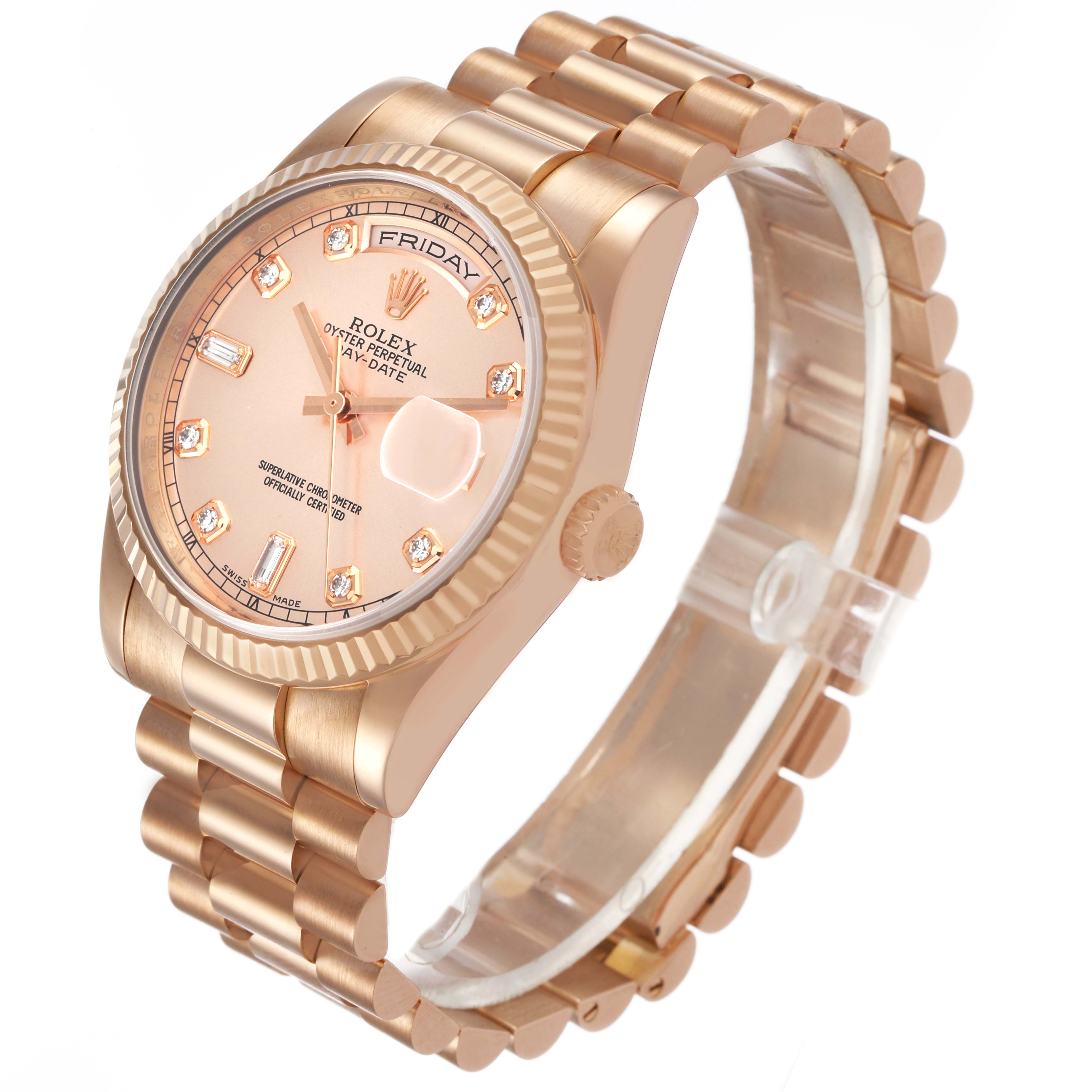 The Rolex President 118235 Men's Rose Gold Pink Dial model watch is shown at a three-quarter angle, highlighting the dial, fluted bezel, and bracelet.