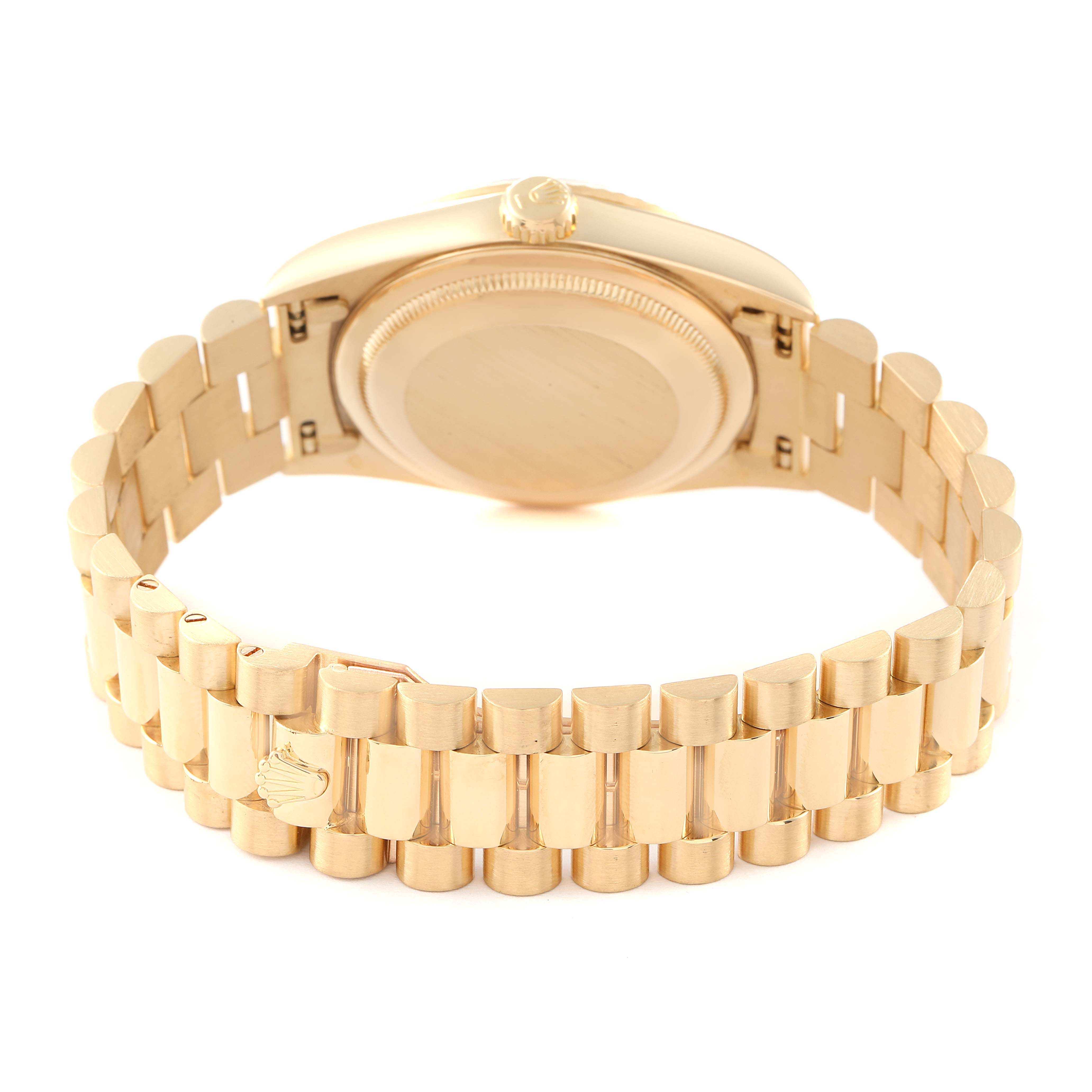 The image shows the back case and bracelet of a Rolex President 18238 Men
s Yellow Gold Black Dial 18238 Men
s Yellow Gold Black Dial model watch from an angled rear view.