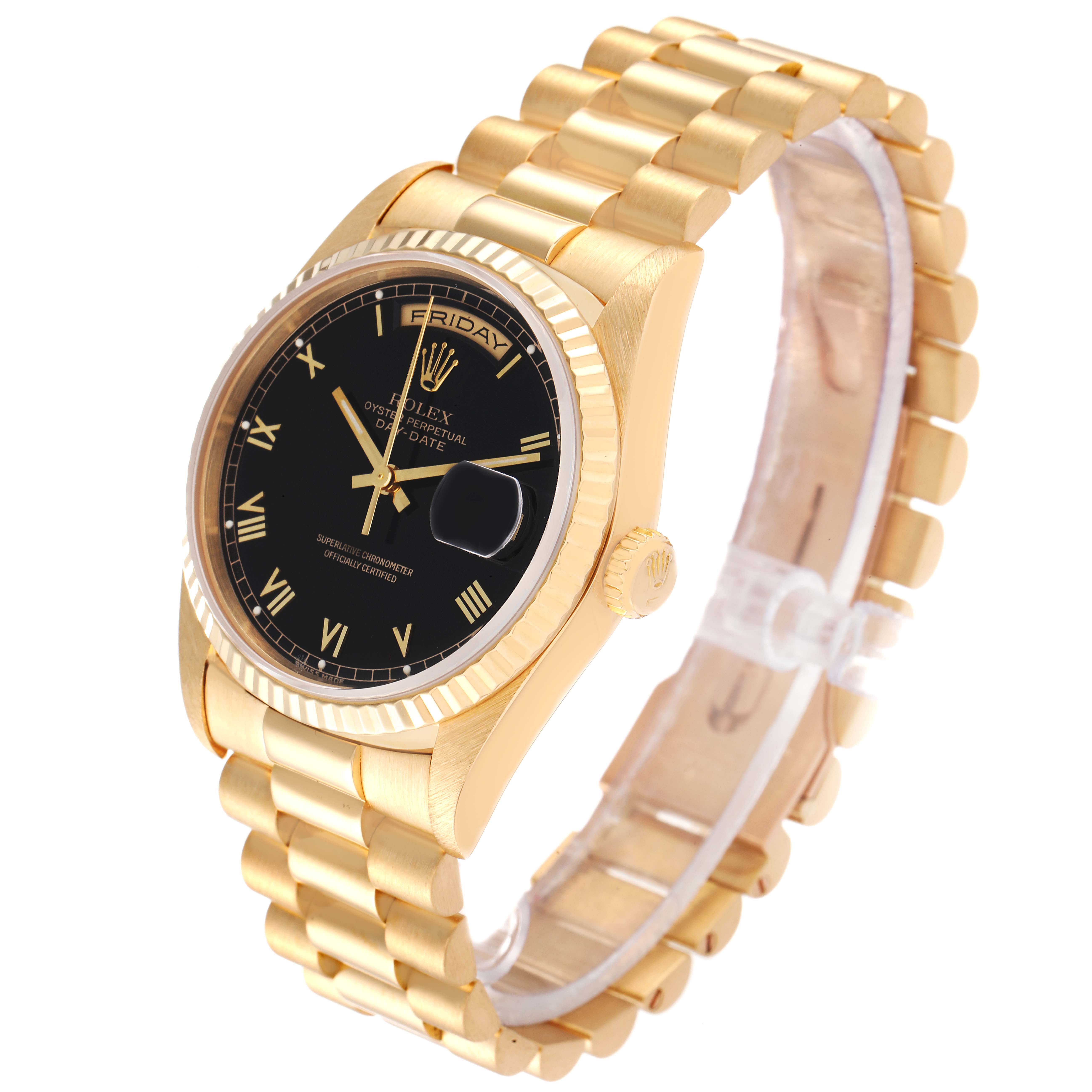 This image displays a Rolex President 18238 Men
s Yellow Gold Black Dial 18238 Men
s Yellow Gold Black Dial watch from an angled view, showing the black dial, gold case, and band.