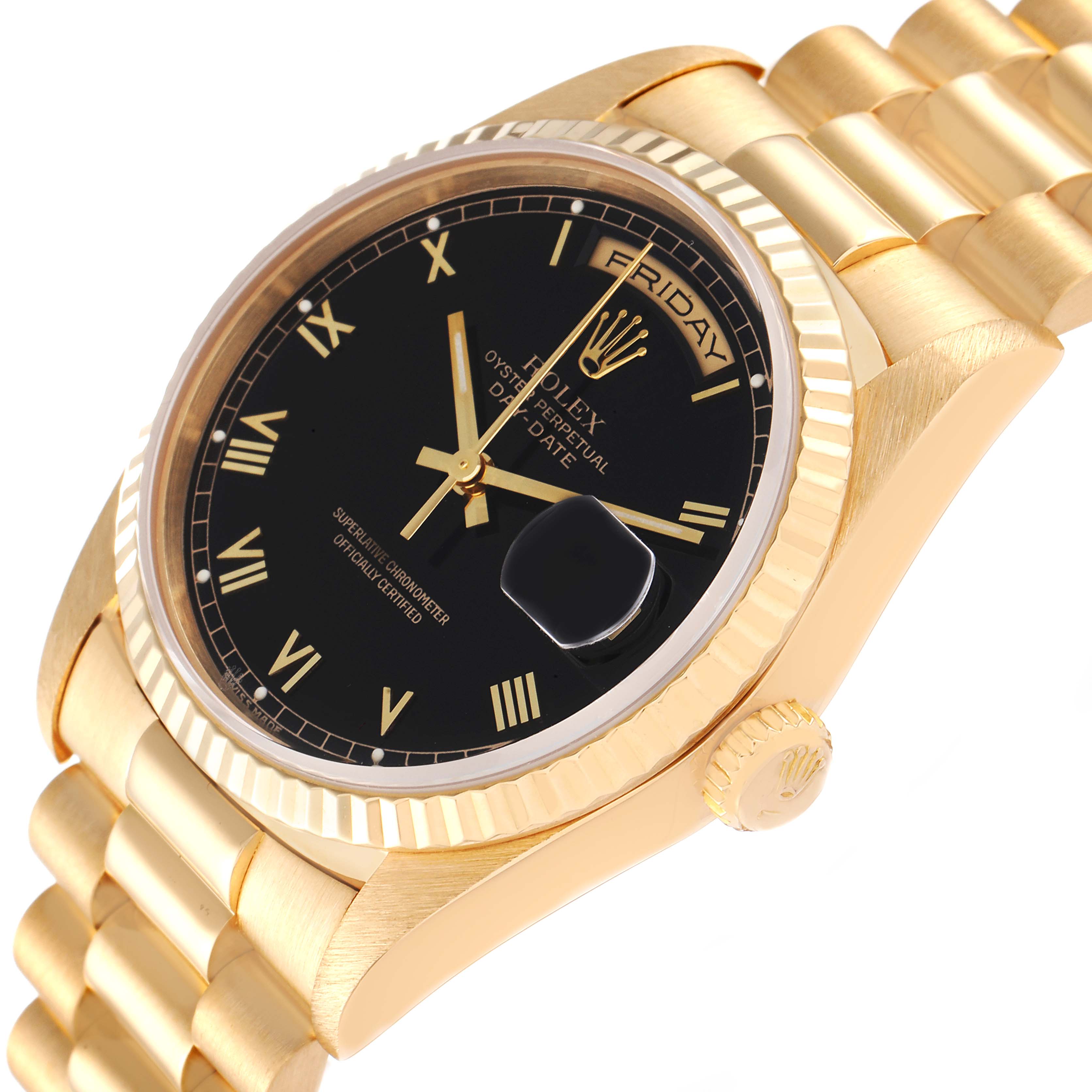 This image shows a diagonal view of a Rolex President 18238 Men
s Yellow Gold Black Dial 18238 Men
s Yellow Gold Black Dial model watch, highlighting the black dial, gold case, bracelet, and date magnifier.