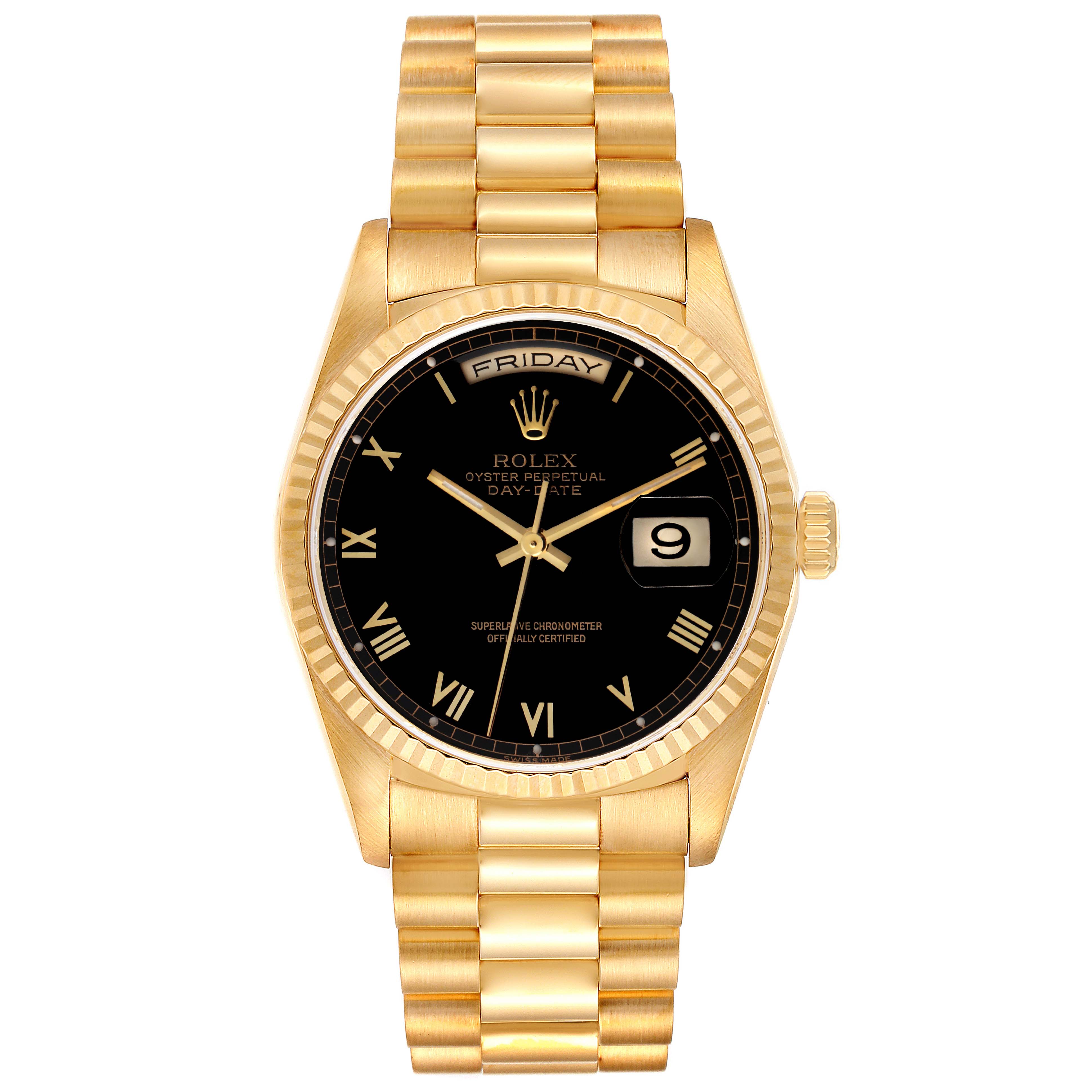The Rolex President 18238 Men
s Yellow Gold Black Dial 18238 Men
s Yellow Gold Black Dial model is shown from the front, displaying its black dial, day-date function, and gold bracelet.
