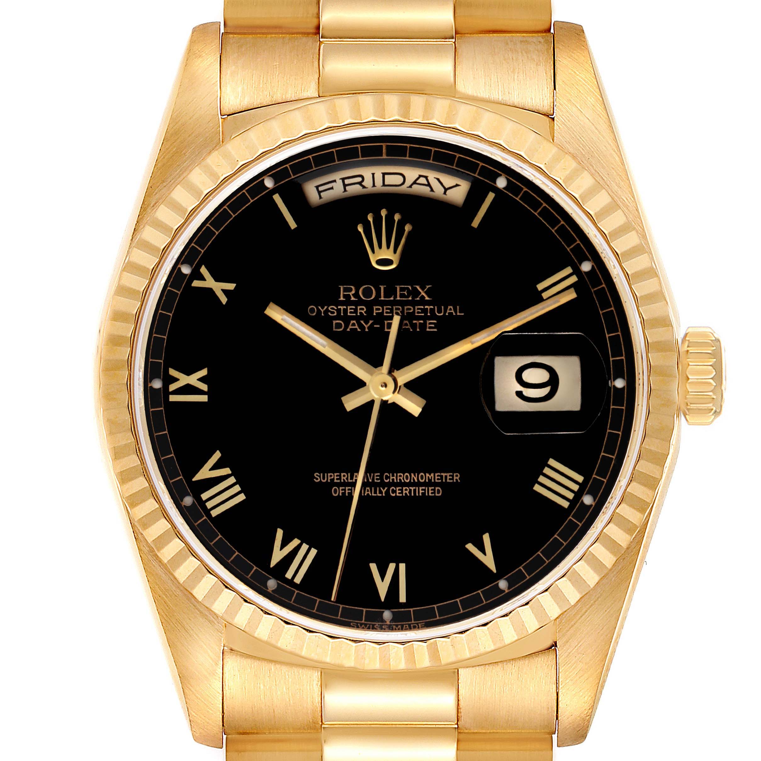 This image shows a close-up of the Rolex President 18238 Men
s Yellow Gold Black Dial 18238 Men
s Yellow Gold Black Dial model watch, displaying the black dial, day, date, hands, and bezel.