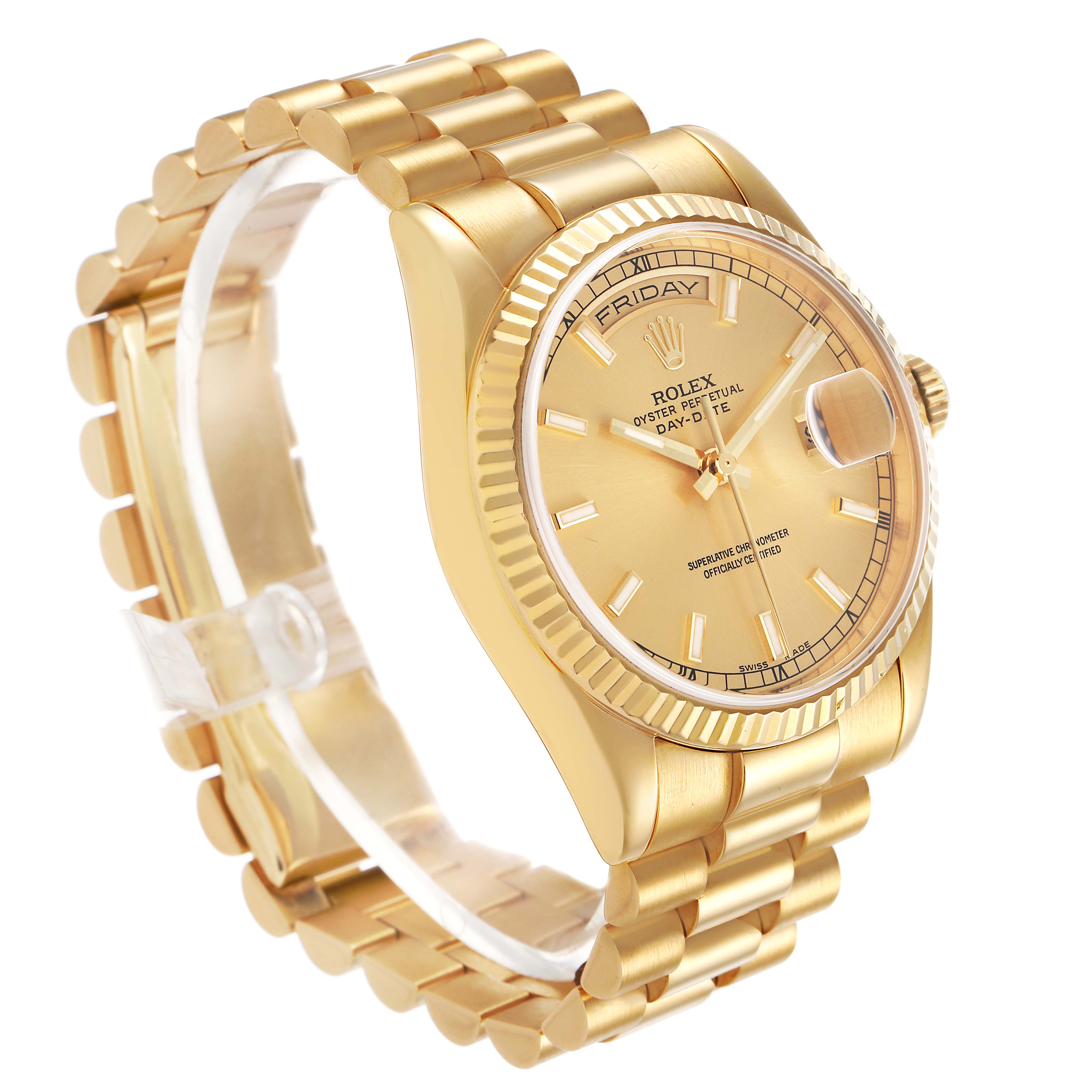 The Rolex President 118238 Men's Yellow Gold Champagne Dial model watch is shown at a three-quarter angle, highlighting its dial, bezel, and bracelet.