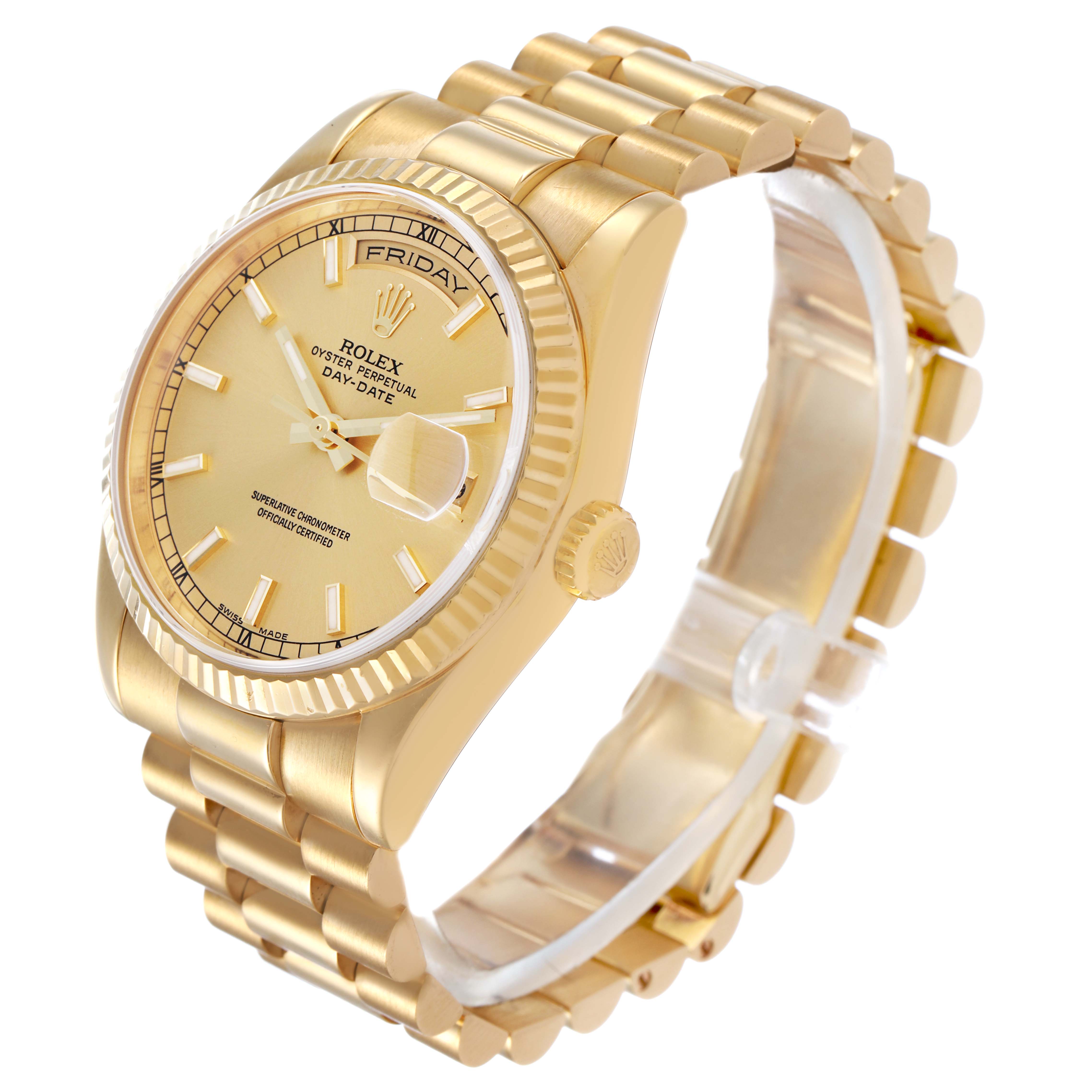 The Rolex President 118238 Men's Yellow Gold Champagne Dial watch is shown at a front three-quarter angle, highlighting the bracelet, face, and crown.