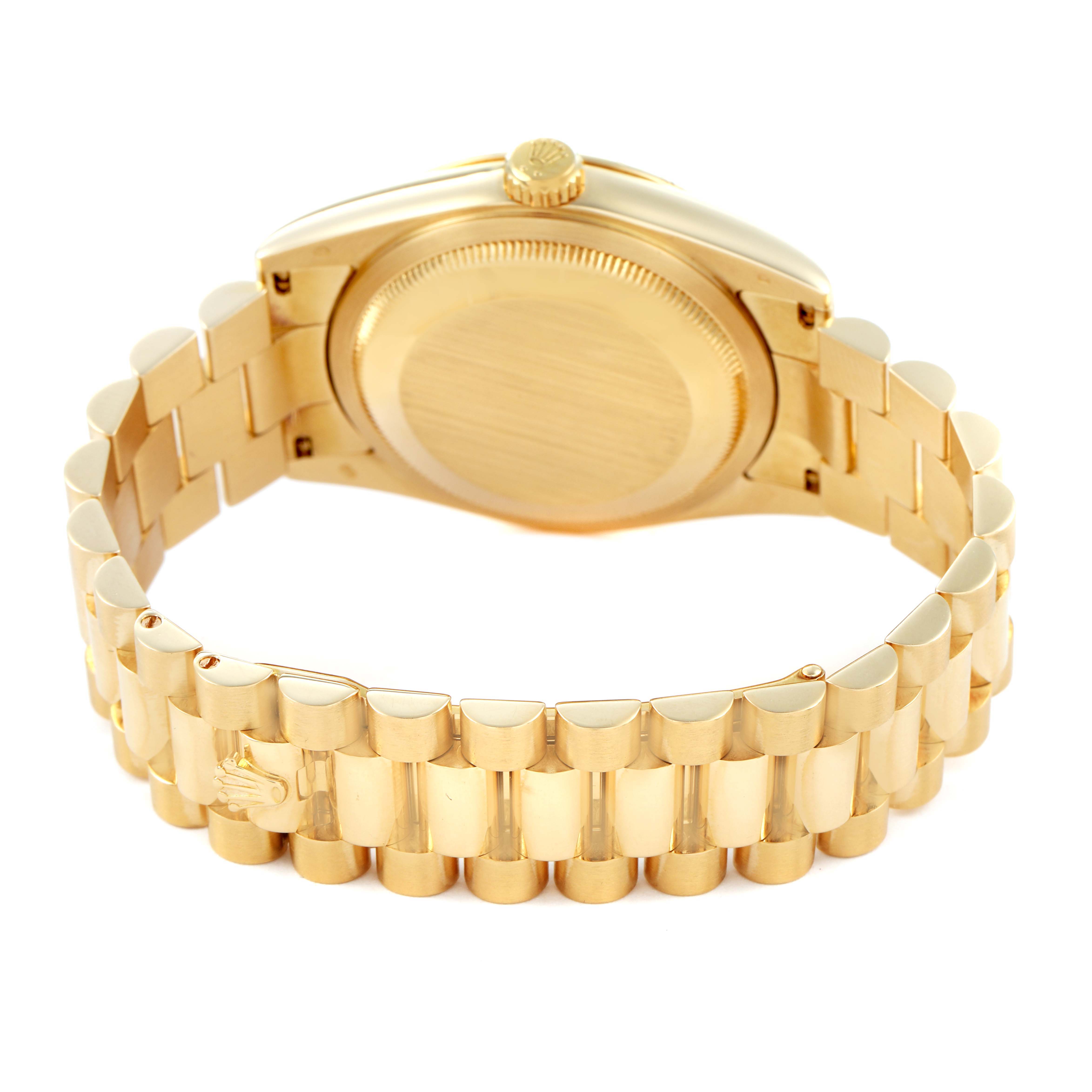 The image shows the Rolex President 118238 Men's Yellow Gold Champagne Dial model watch from the back, highlighting the case back, bracelet, and clasp.