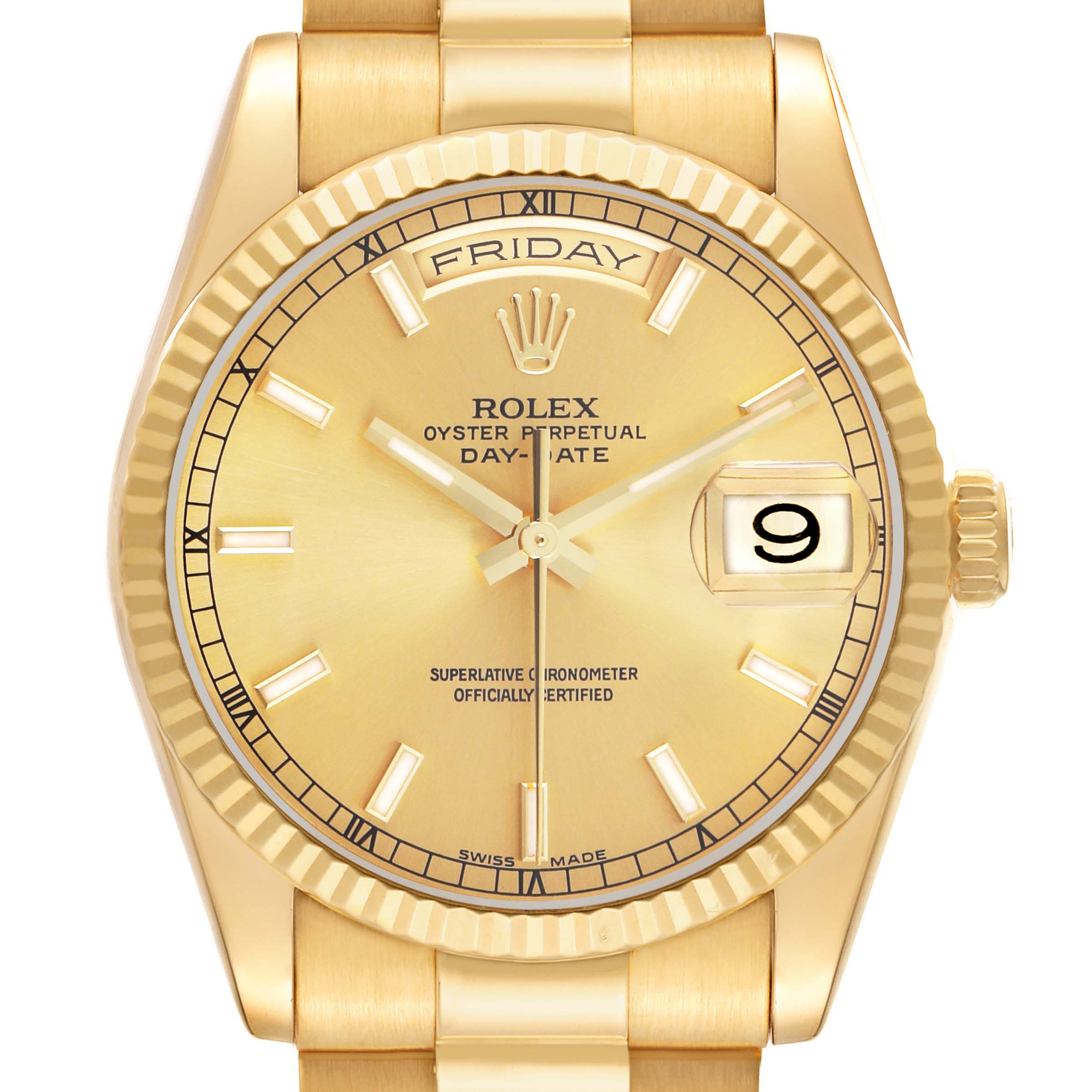 The Rolex President 118238 Men's Yellow Gold Champagne Dial model's face is shown at a straight-on angle, highlighting the dial, hands, day, and date features.