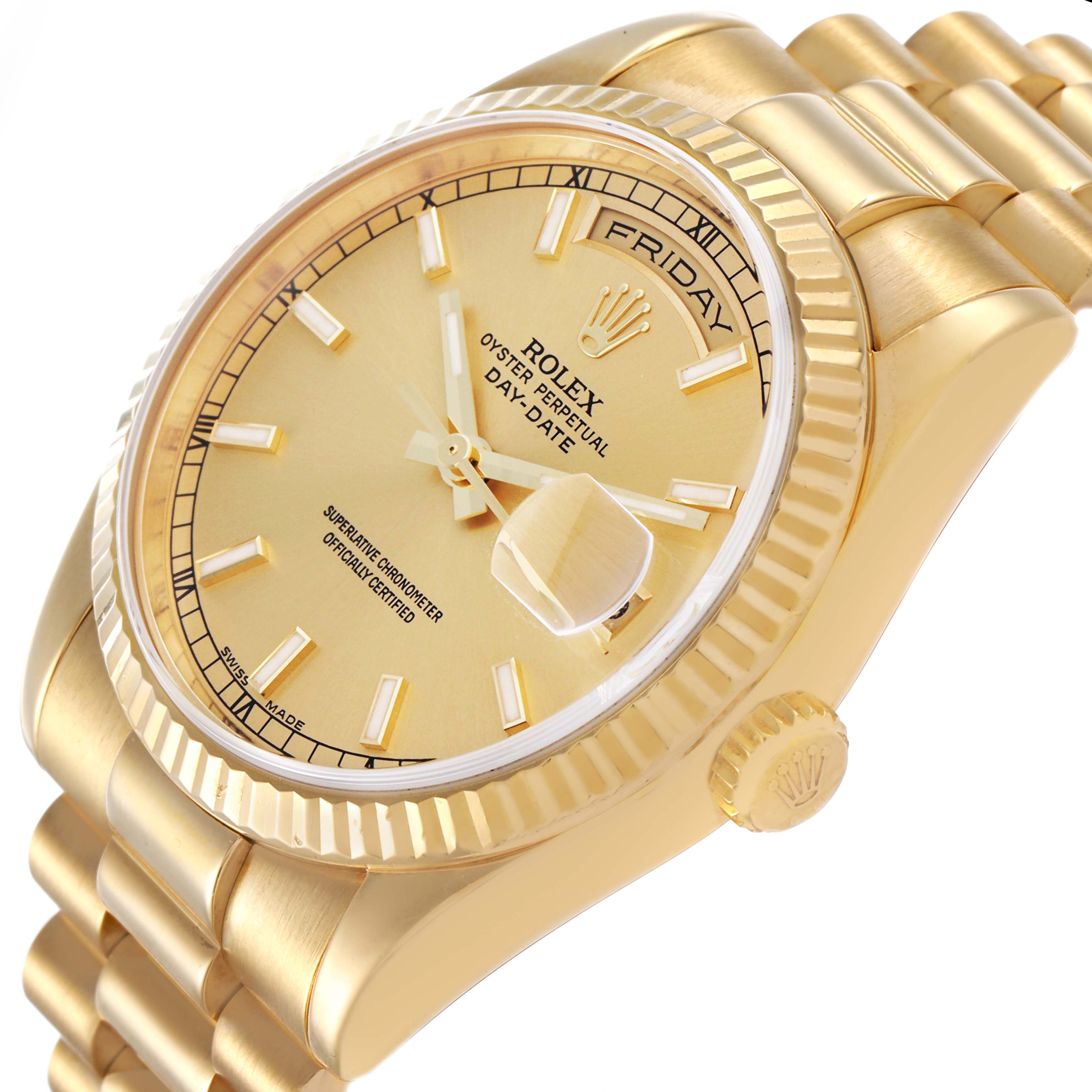The Rolex President 118238 Men's Yellow Gold Champagne Dial model watch is shown at a three-quarter angle, highlighting the dial, fluted bezel, and part of the bracelet.