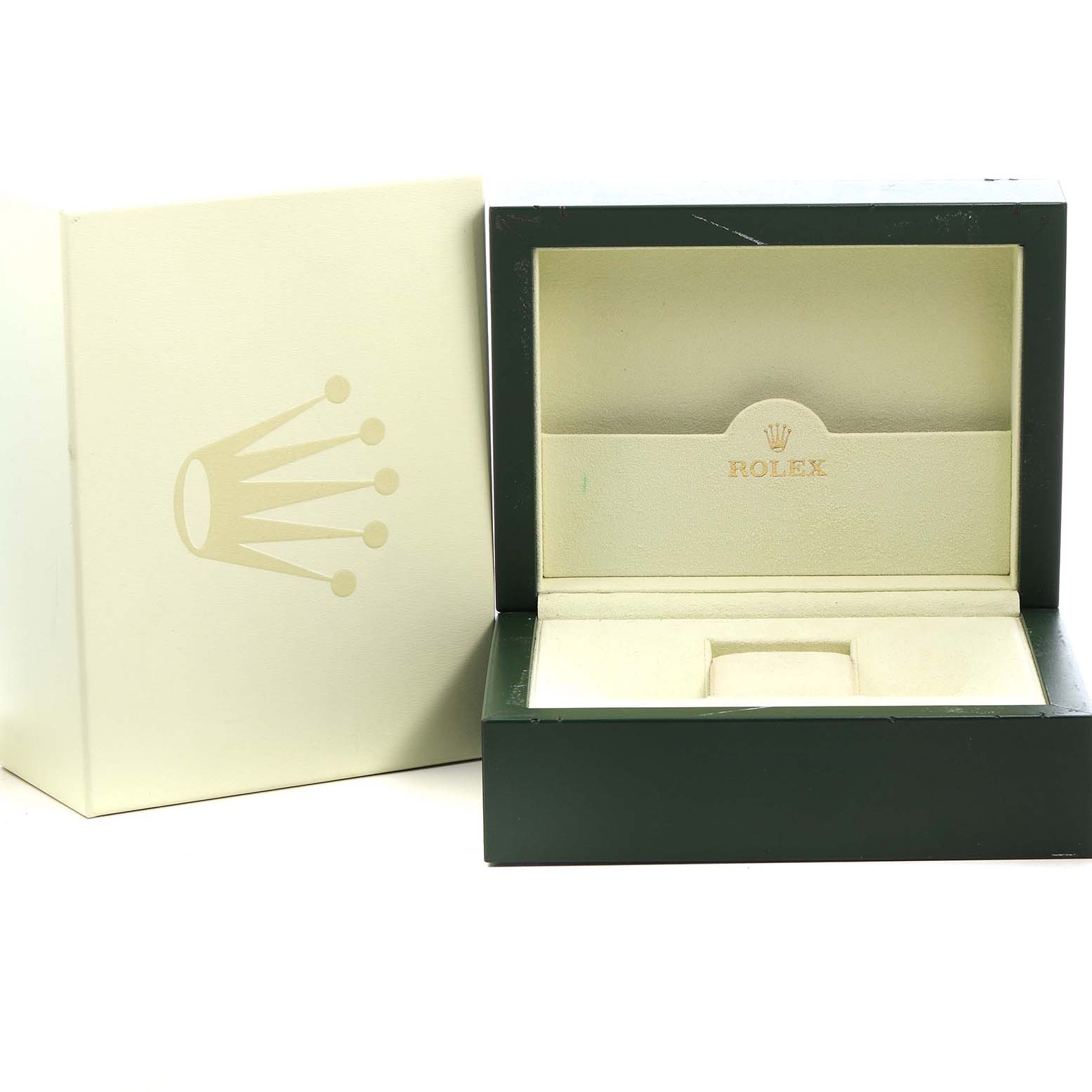 The image shows an open Rolex watch box for the President model, displaying the interior and exterior packaging.