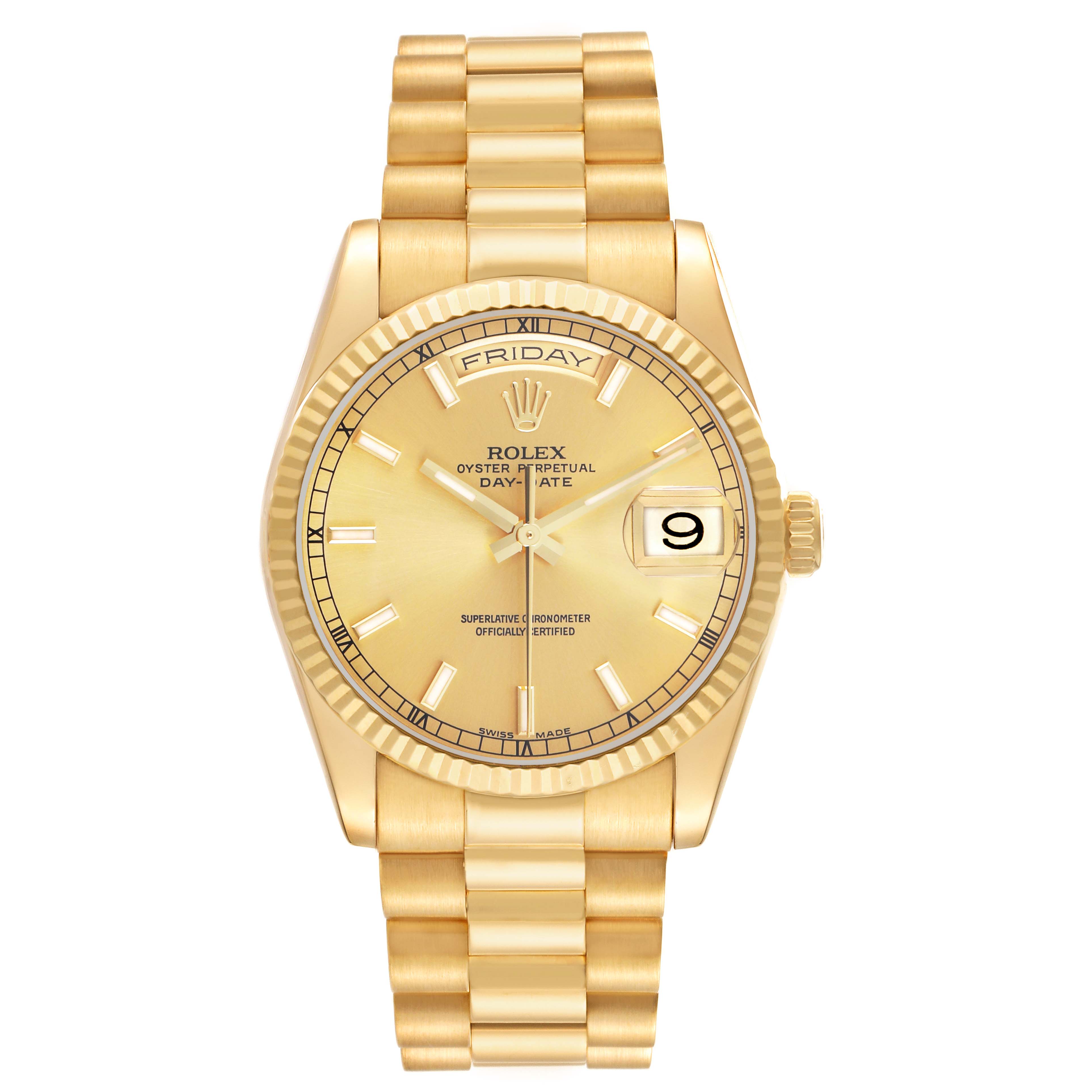 The Rolex President 118238 Men's Yellow Gold Champagne Dial model watch is shown from the front, highlighting its gold dial, day-date feature, and bracelet.