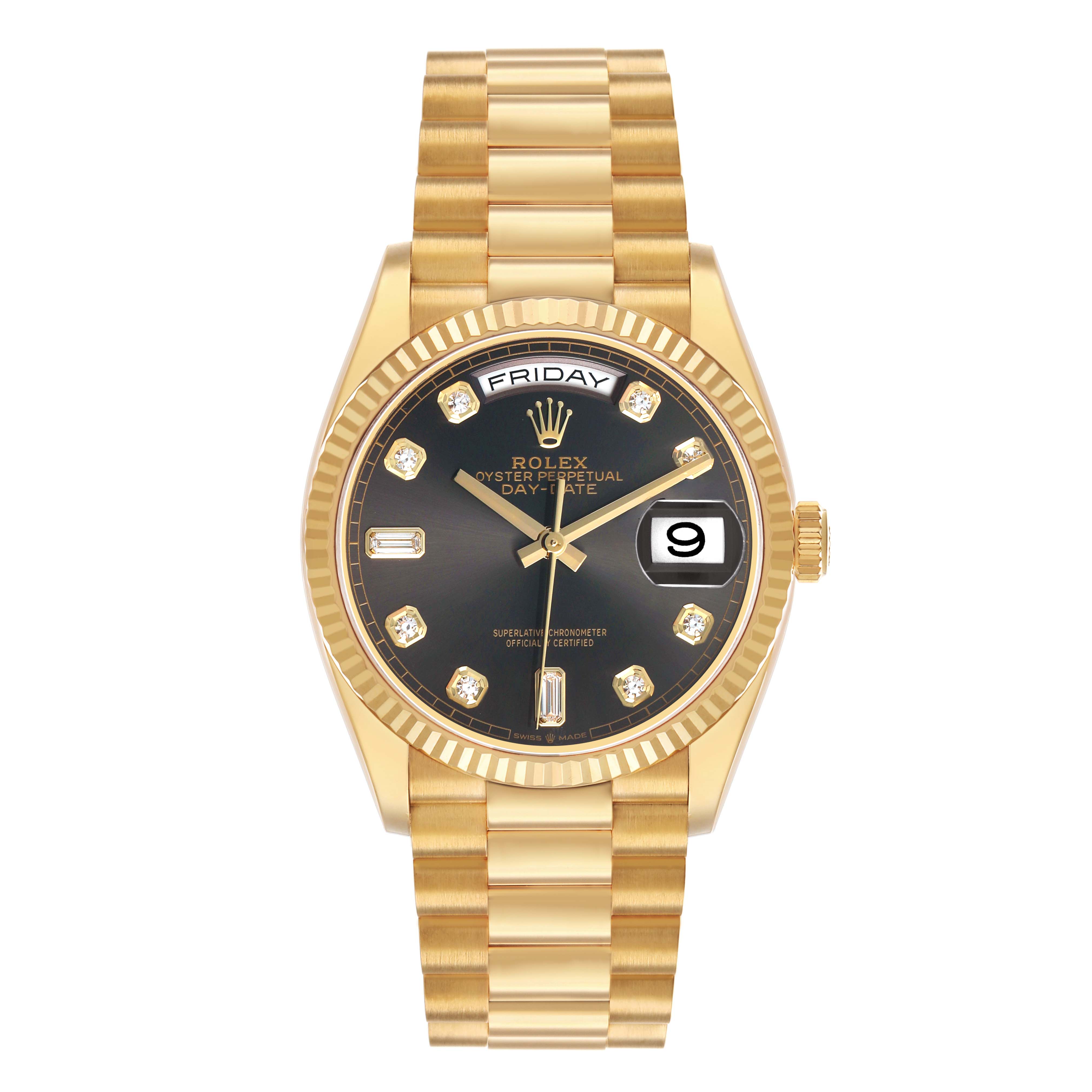 The Rolex President 128238 Men's Yellow Gold Grey Dial model is shown from a frontal angle, highlighting the gold bracelet, black dial, and fluted bezel.