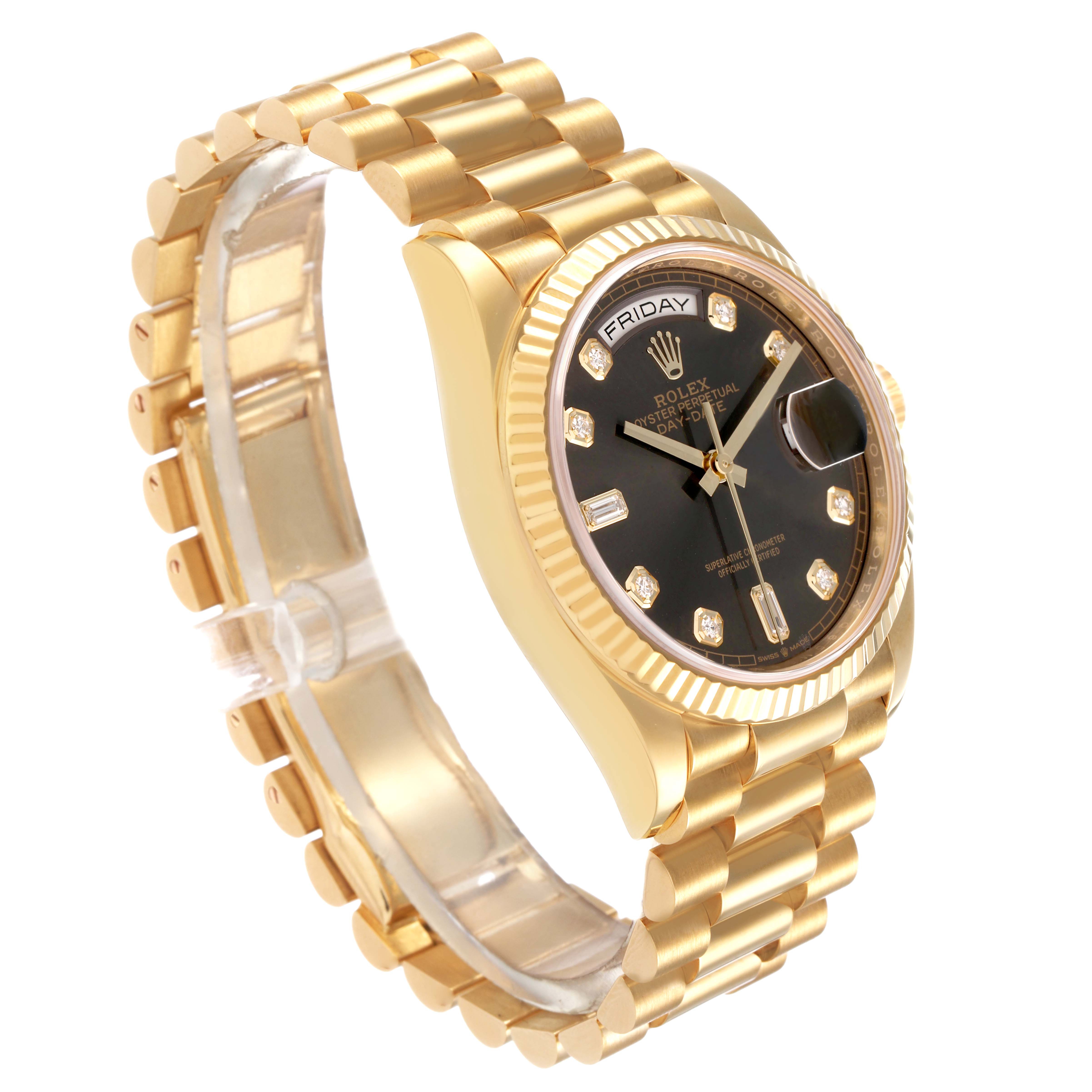 The Rolex President 128238 Men's Yellow Gold Grey Dial watch is shown at an angled view highlighting its gold bracelet and black dial with diamond markers.