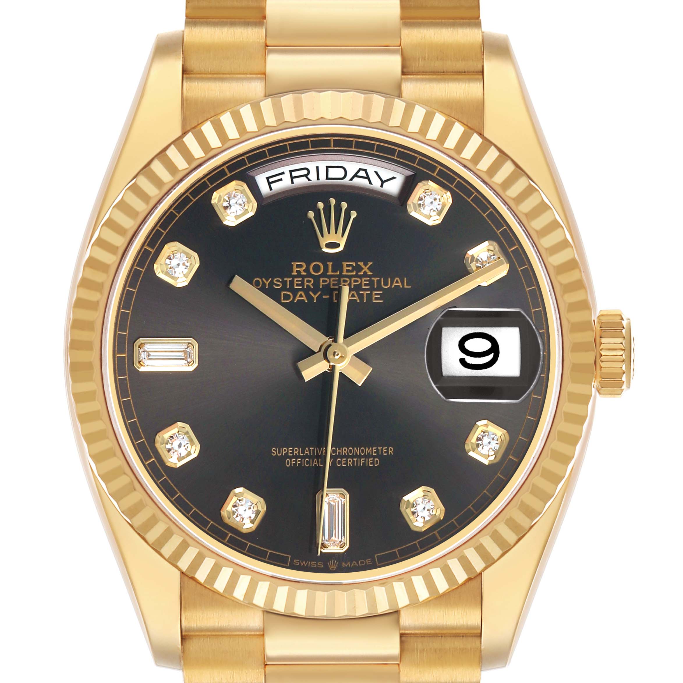 The Rolex President 128238 Men's Yellow Gold Grey Dial model watch is shown from a front angle, displaying the dial, bezel, bracelet, day, and date features.