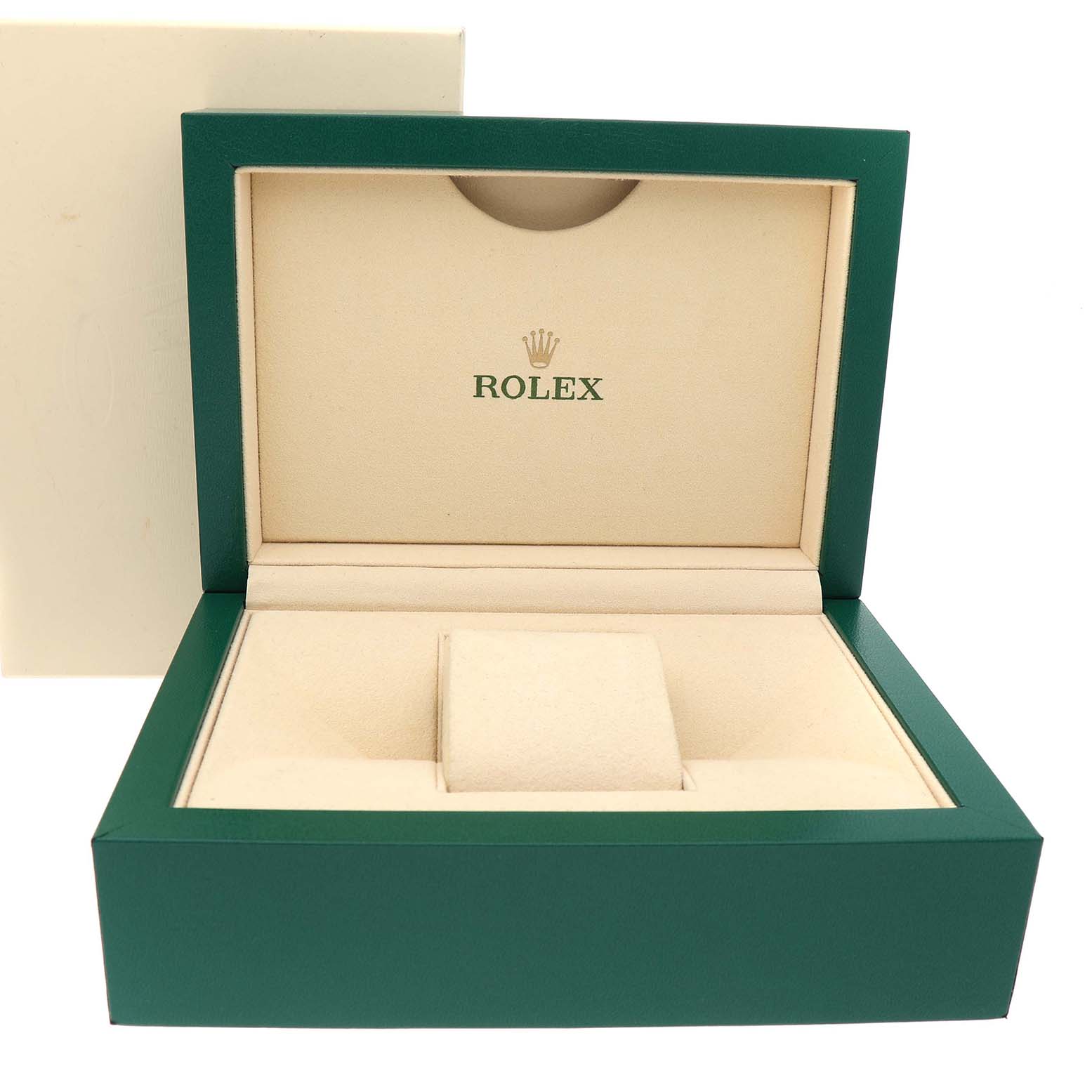 The image shows an open Rolex watch box, designed for the President model, with a green exterior and a beige interior.