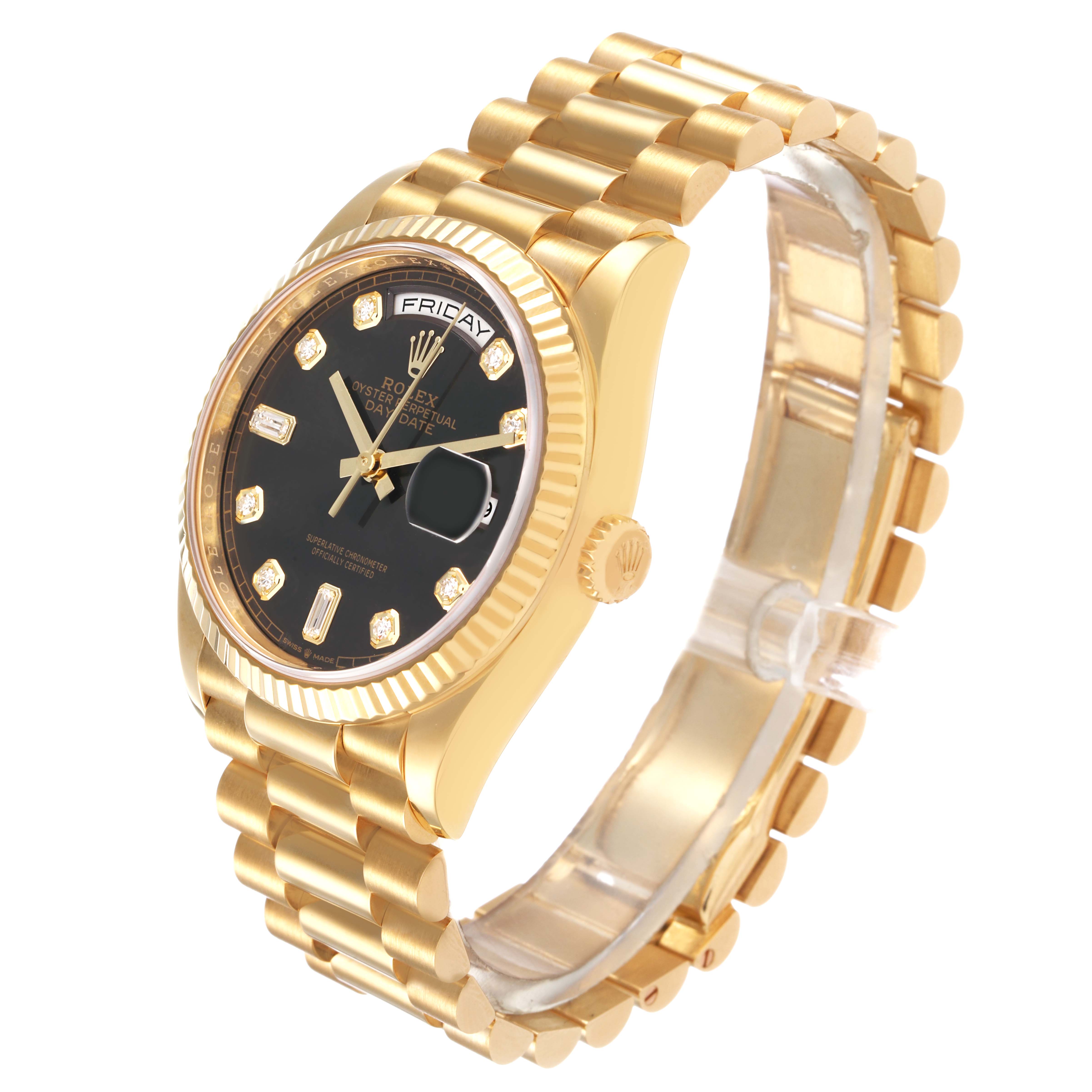 The Rolex President 128238 Men's Yellow Gold Grey Dial watch is shown at a three-quarter angle, highlighting the face, bracelet, and crown.