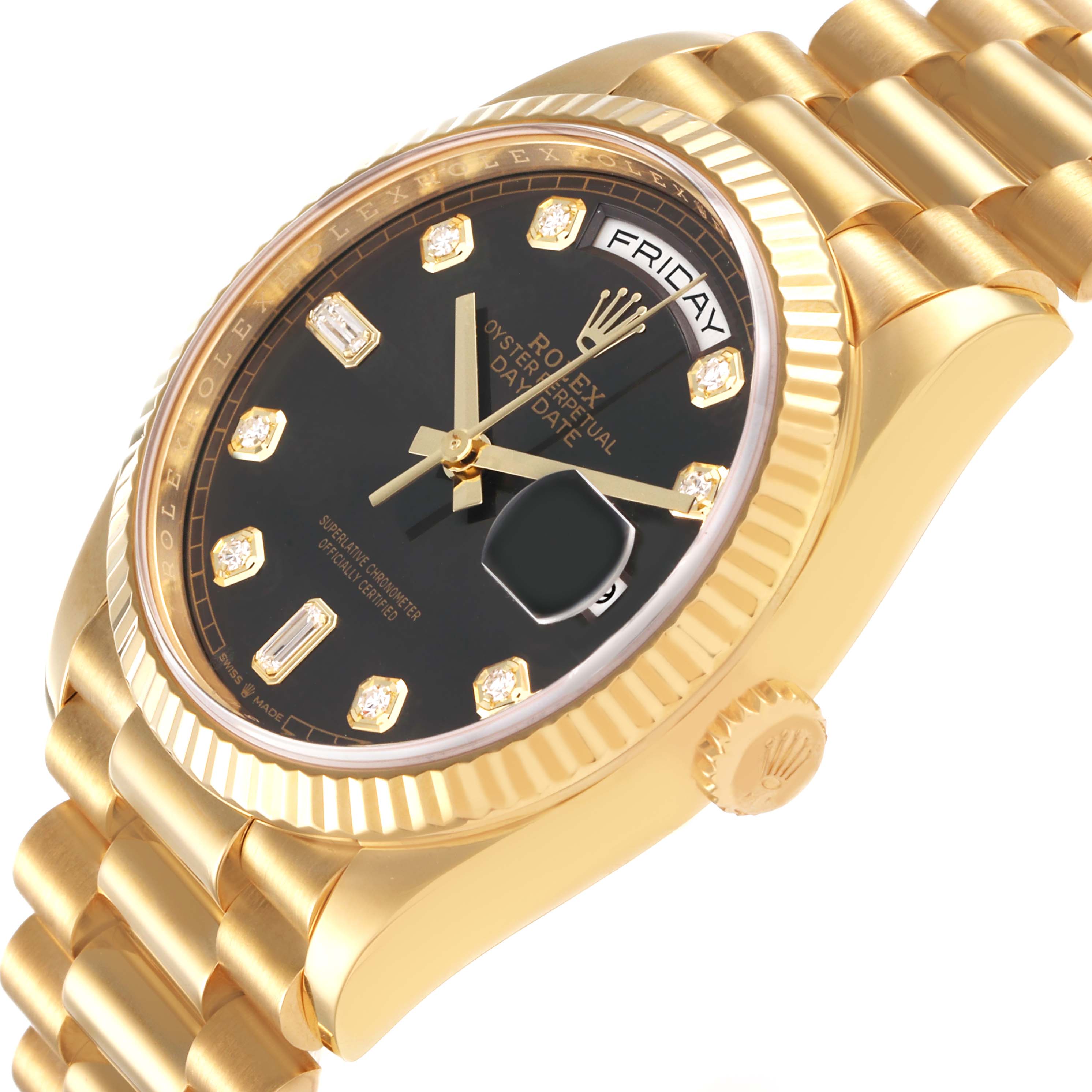 The Rolex President 128238 Men's Yellow Gold Grey Dial model watch is shown at a three-quarters angle, highlighting its dial, bezel, and part of the bracelet.