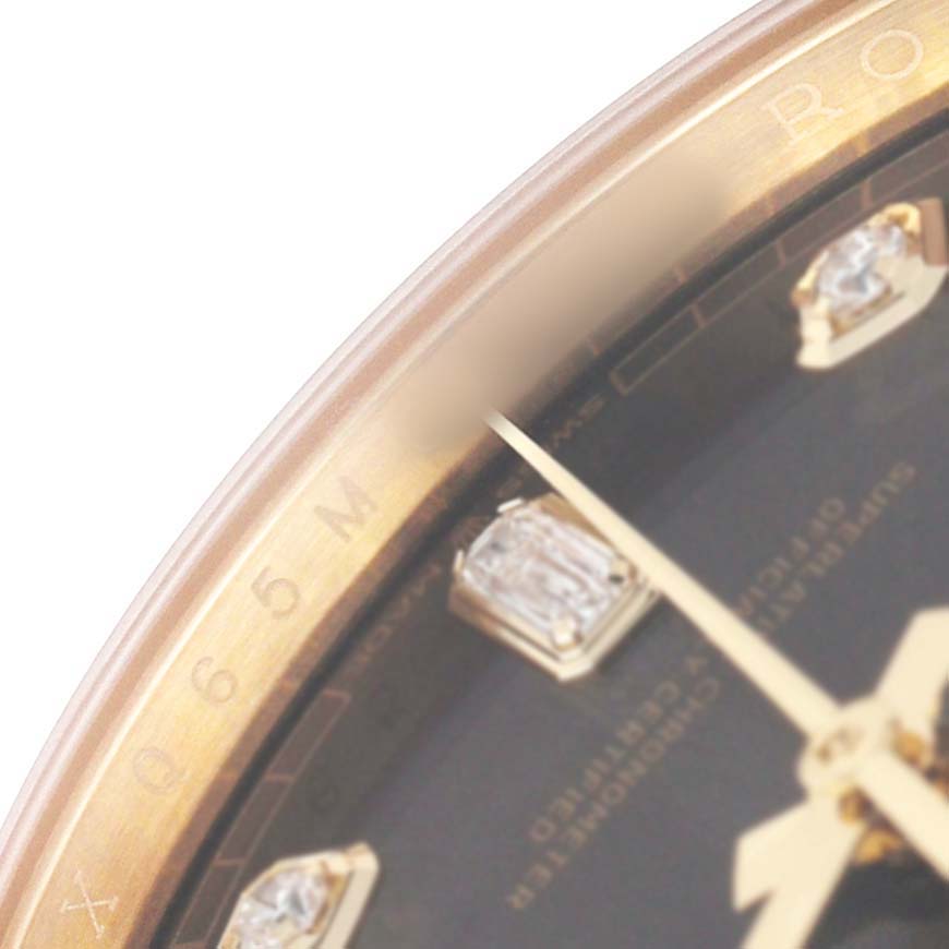 The image shows a partial close-up of the dial and bezel of a Rolex President 128238 Men's Yellow Gold Grey Dial watch, highlighting diamonds and gold elements.