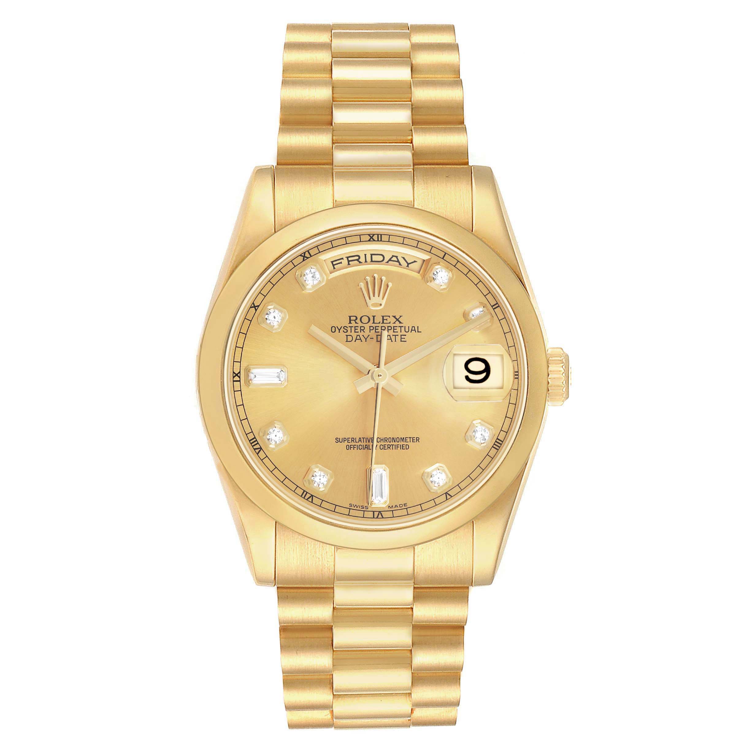 The Rolex President 118208 Mens Yellow Gold Champagne Dial model watch is shown from a top view, displaying the dial, bezel, bracelet, and crown.