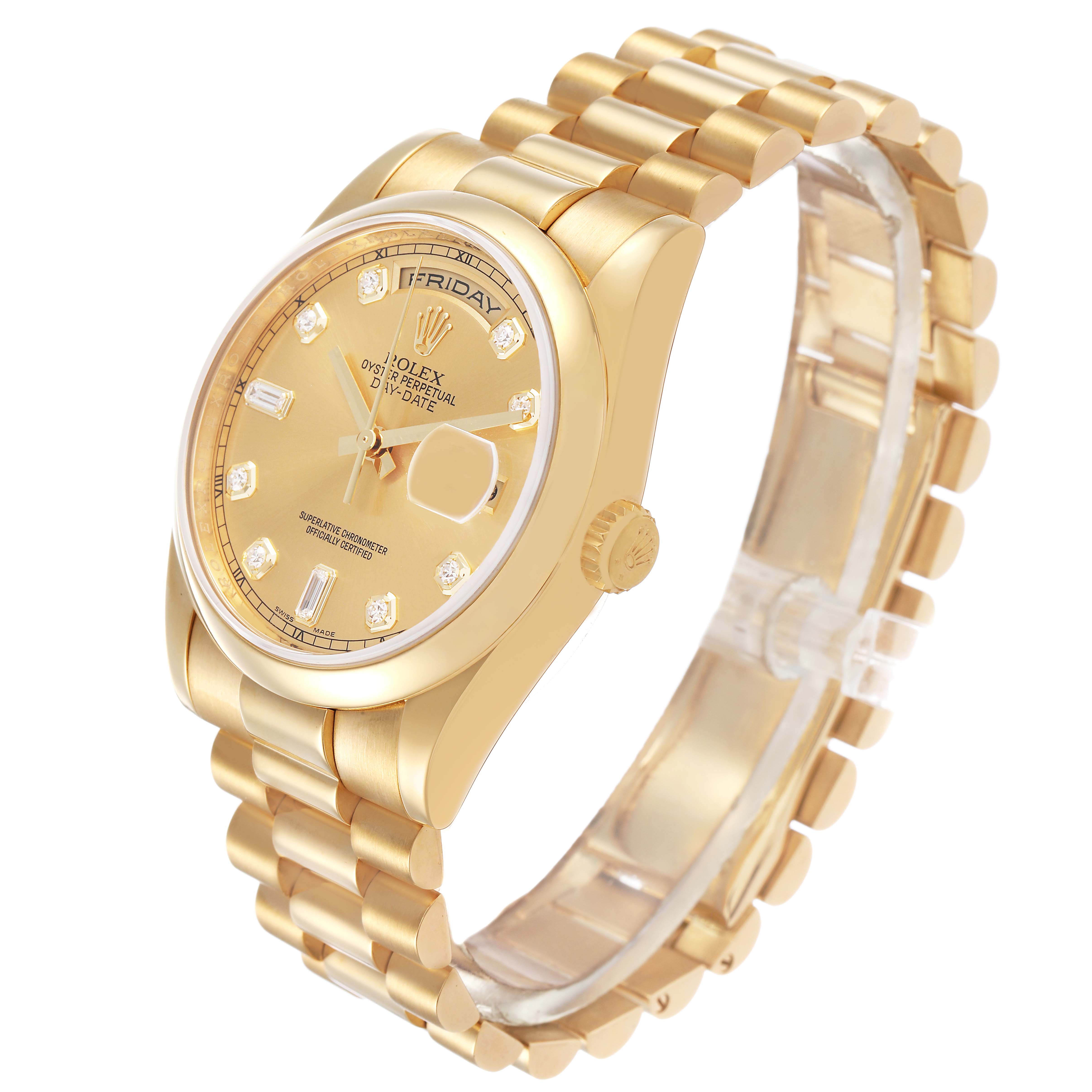 The Rolex President 118208 Men's Yellow Gold Champagne Dial watch is shown at an angled view, highlighting its gold case, bracelet, and diamond markers on the dial.