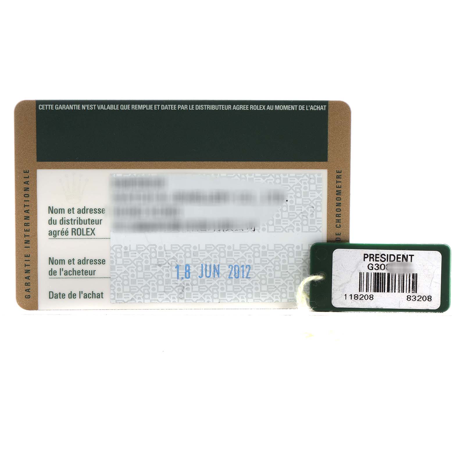 The image shows a warranty card and tag for a Rolex President 118208 Men's Yellow Gold Champagne Dial model, displaying the purchase date and model information.