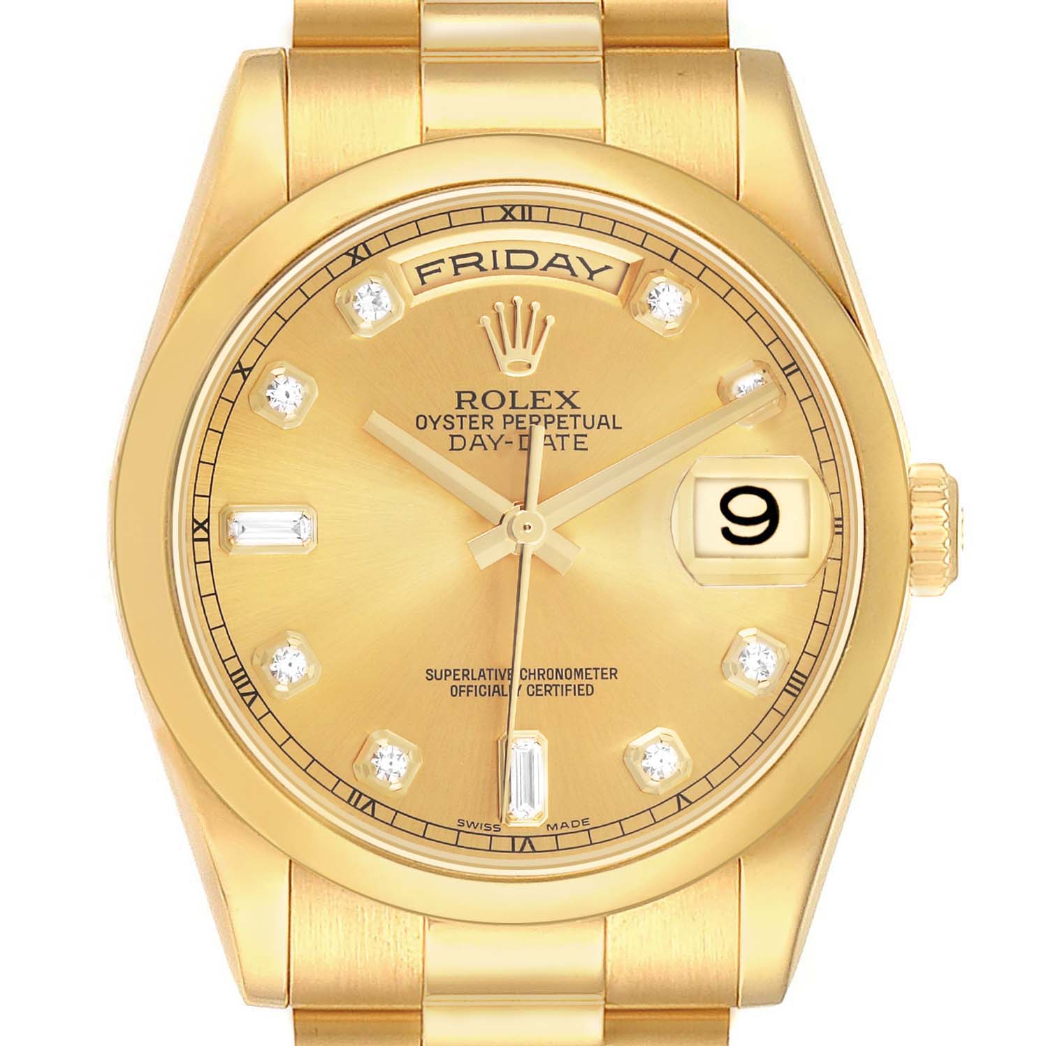 The Rolex President 118208 Men's Yellow Gold Champagne Dial model watch is shown from a front angle, highlighting the dial, date window, and bracelet.