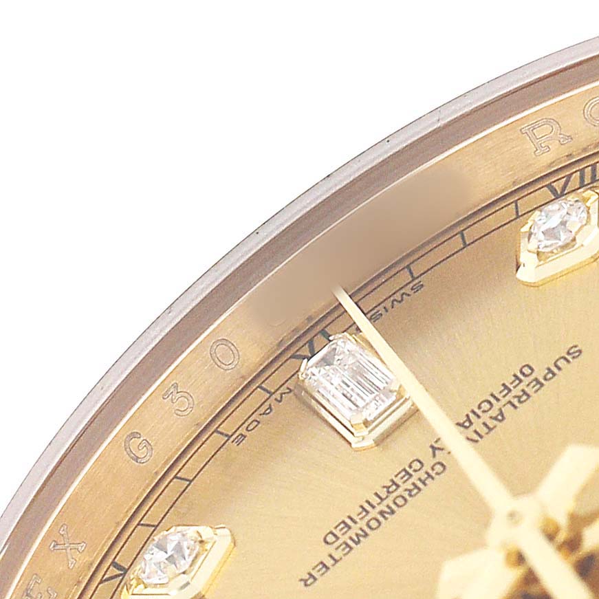 The image shows a close-up of the dial and bezel of a Rolex President 118208 Men's Yellow Gold Champagne Dial watch, highlighting the indices and part of the text.