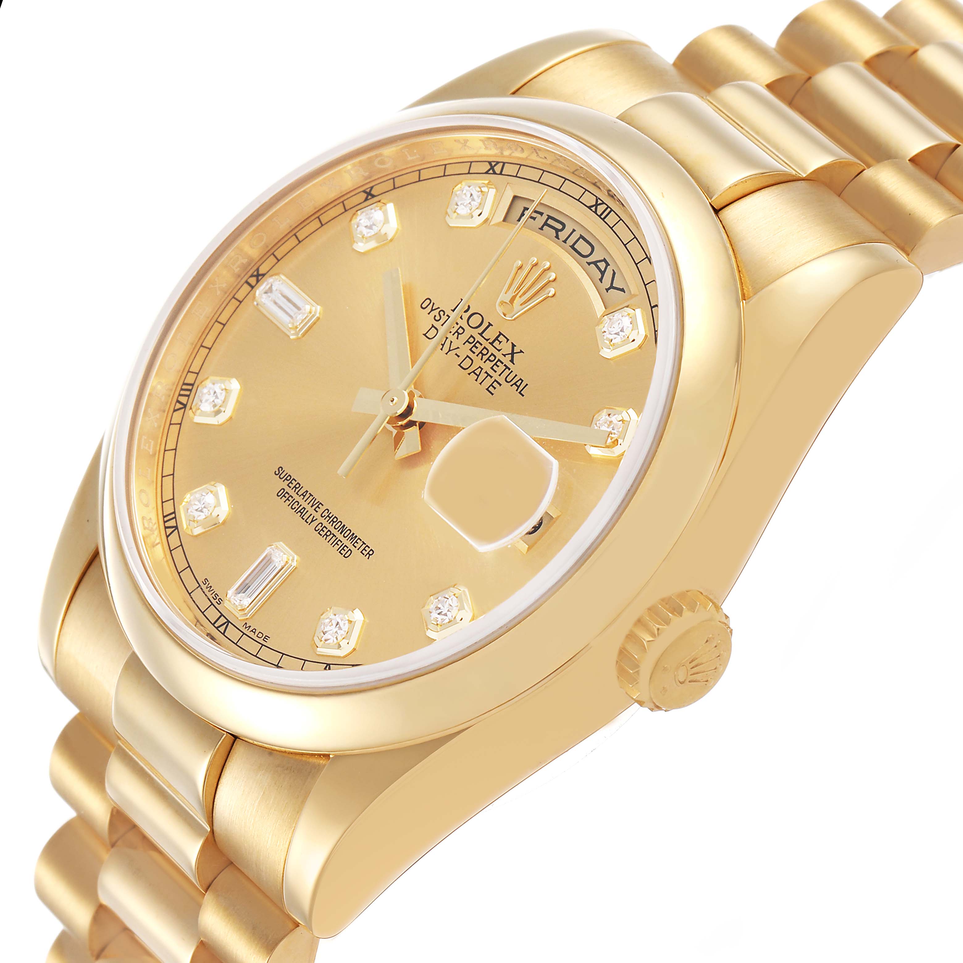 The image shows the Rolex President 118208 Men's Yellow Gold Champagne Dial watch at an oblique angle, highlighting the face, bracelet, and crown.