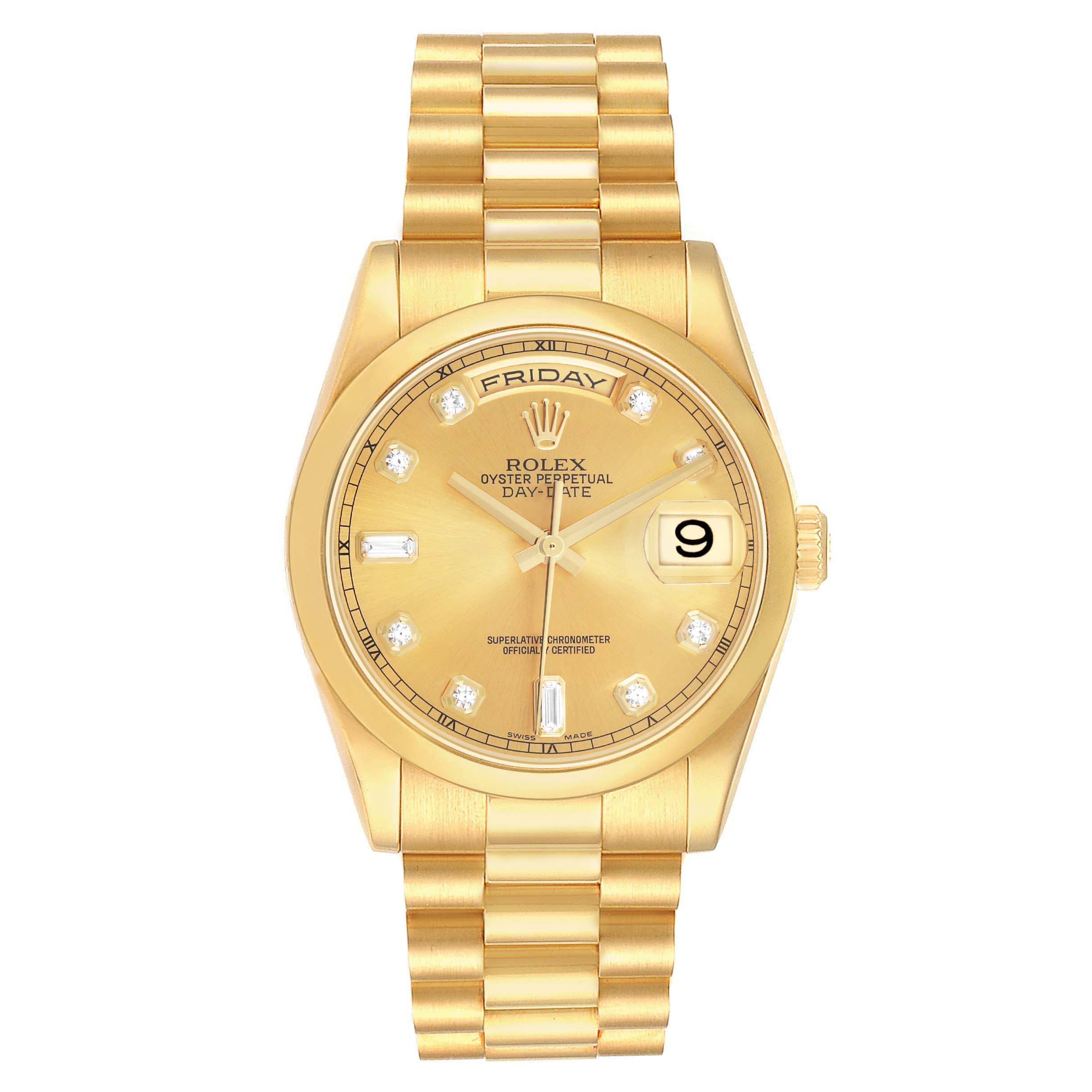 The Rolex President 118208 Men's Yellow Gold Champagne Dial model is shown from a top view, displaying the dial, bracelet, crown, and day-date feature.
