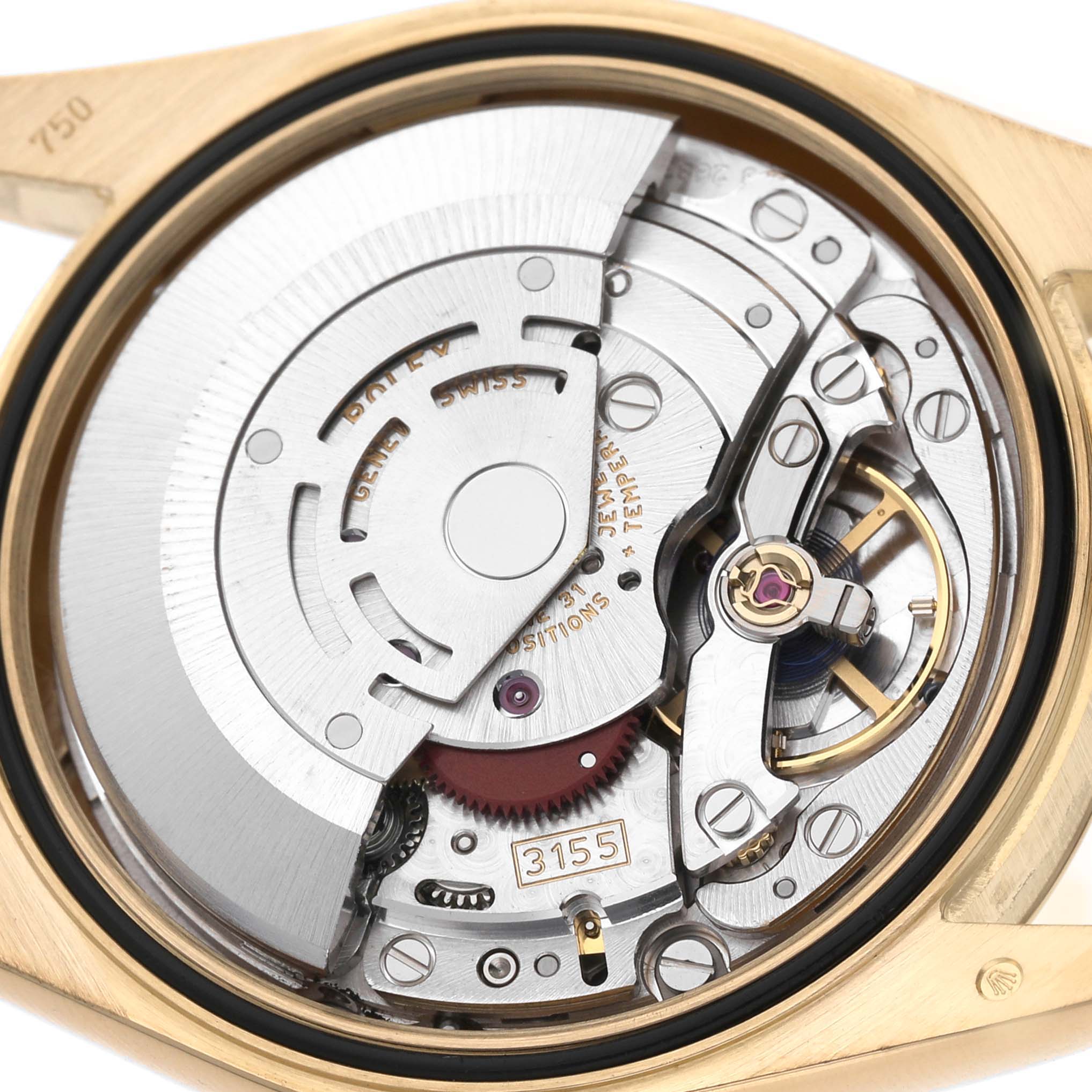 The image shows the movement and rotor of a Rolex President 118208 Men's Yellow Gold Champagne Dial model from a close-up, top-down angle.