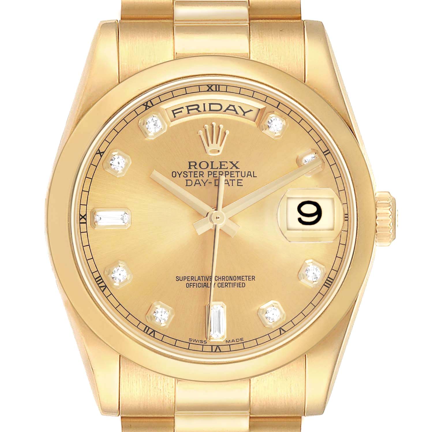 The Rolex President 118208 Mens Yellow Gold Champagne Dial model watch is shown from a straight-on angle, displaying the face, bezel, bracelet, and crown.