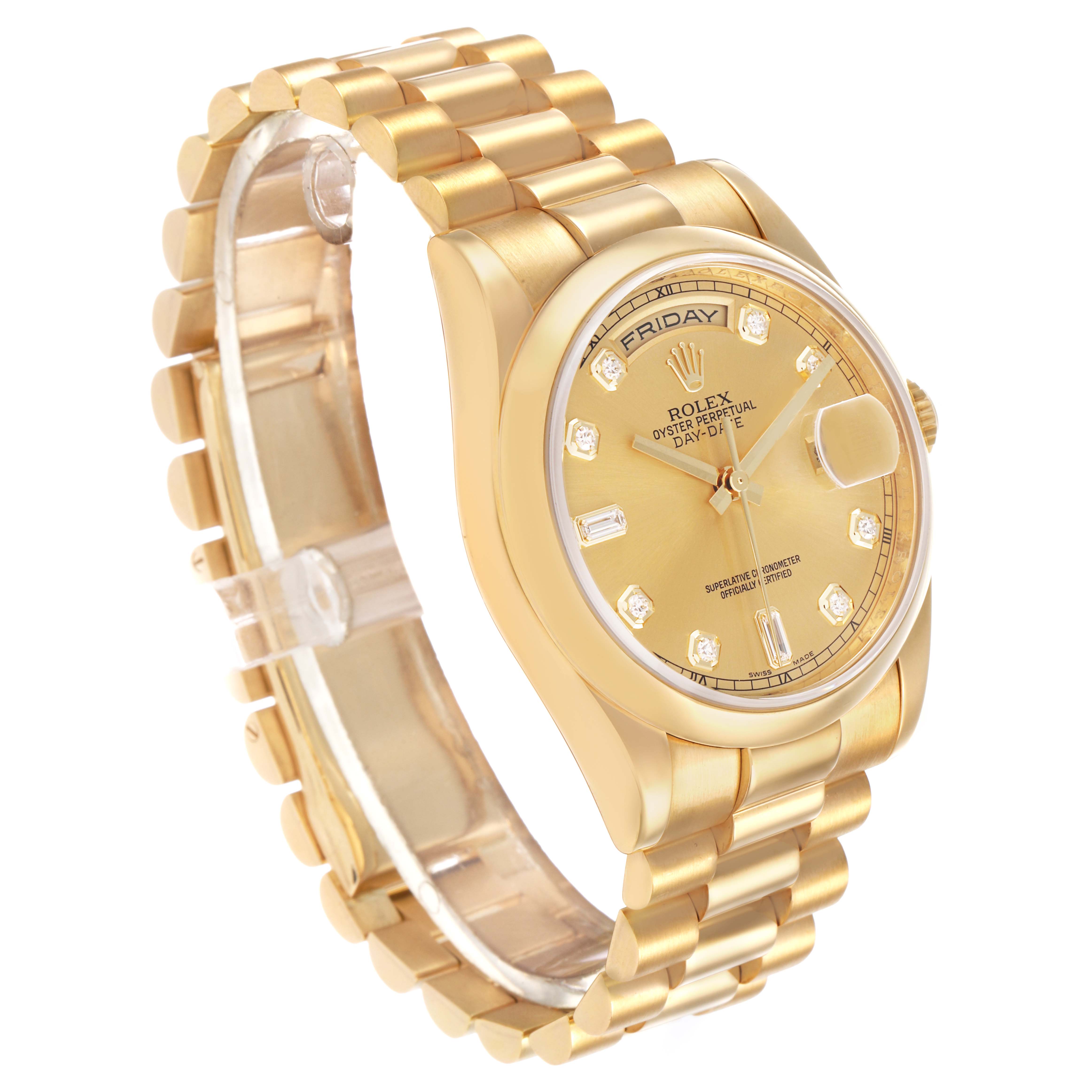 The Rolex President 118208 Men's Yellow Gold Champagne Dial watch is shown at a side angle, highlighting the dial, bracelet, and part of the case.