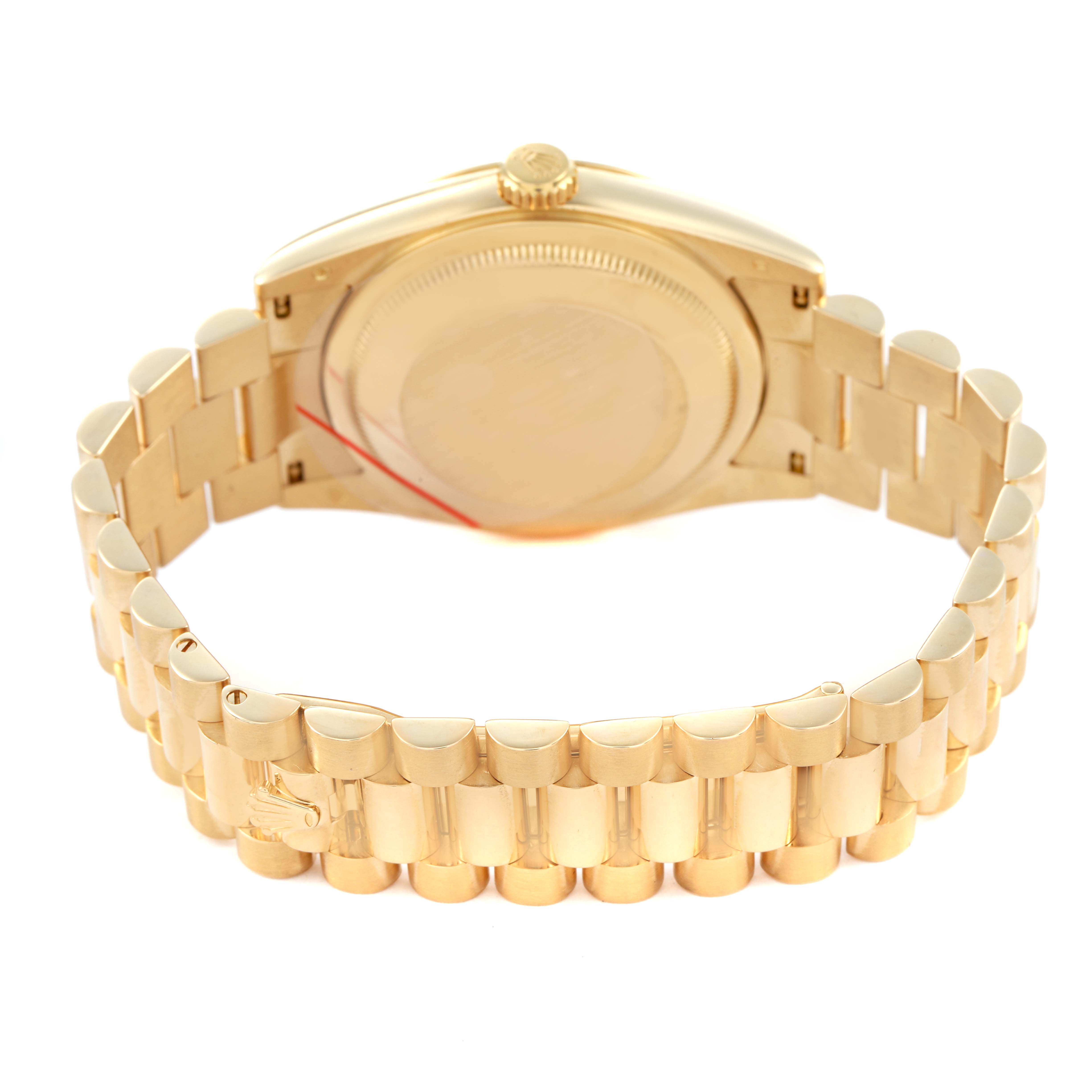 The image shows the back case and bracelet of a Rolex President 118208 Men's Yellow Gold Champagne Dial model watch at an angled rear view.