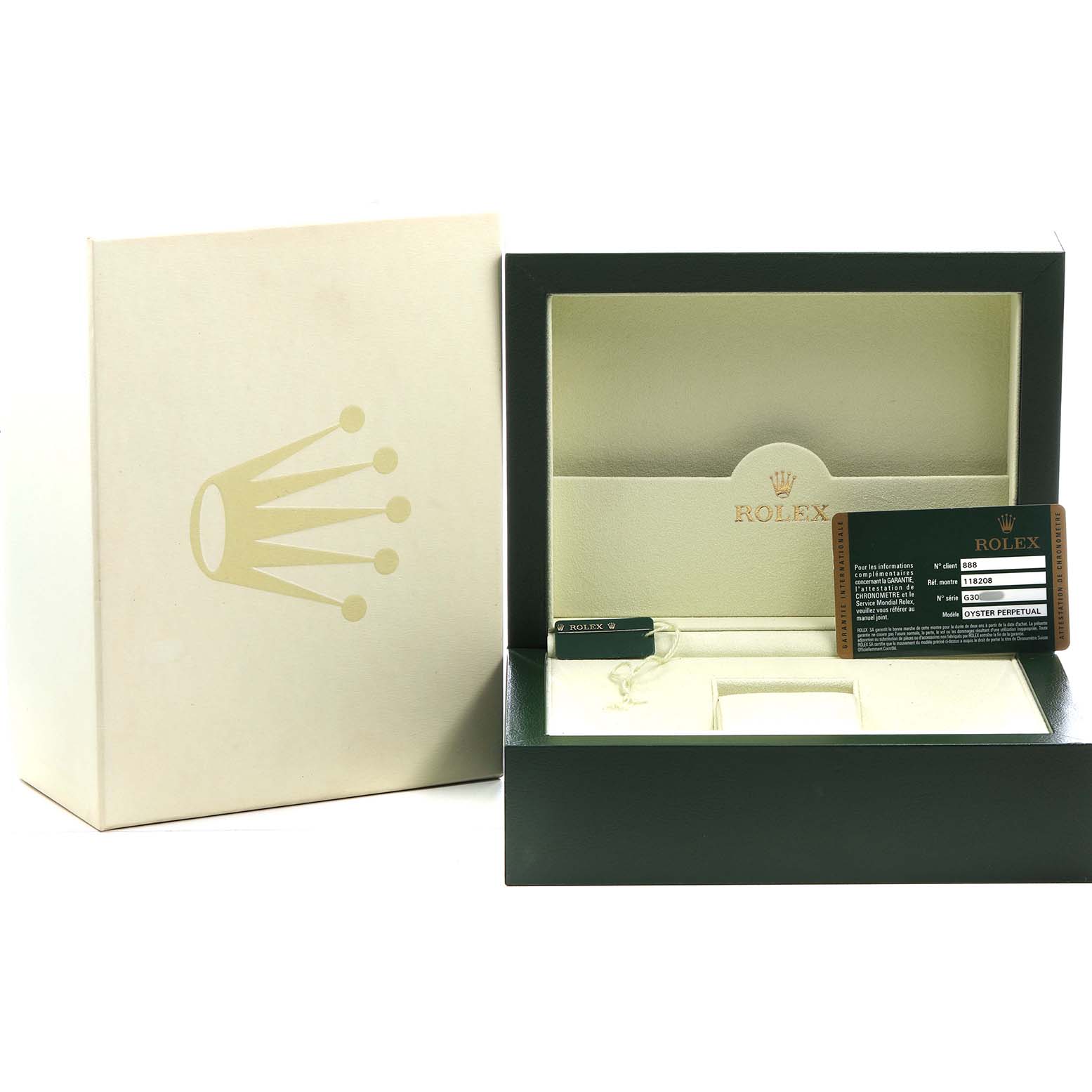 The image shows the packaging and accessories for a Rolex President 118208 Men's Yellow Gold Champagne Dial model, including the box and warranty card.